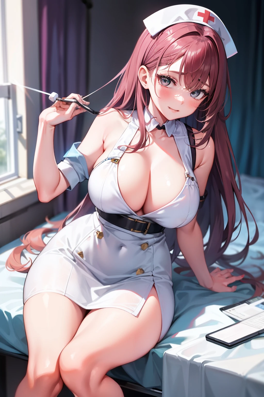 Infirmary,窗帘,1girll,nurses,white dresses,Superskirt,Open clasp,upper legs,glute,huge tit,tmasterpiece,The best quality,The is very detailed,