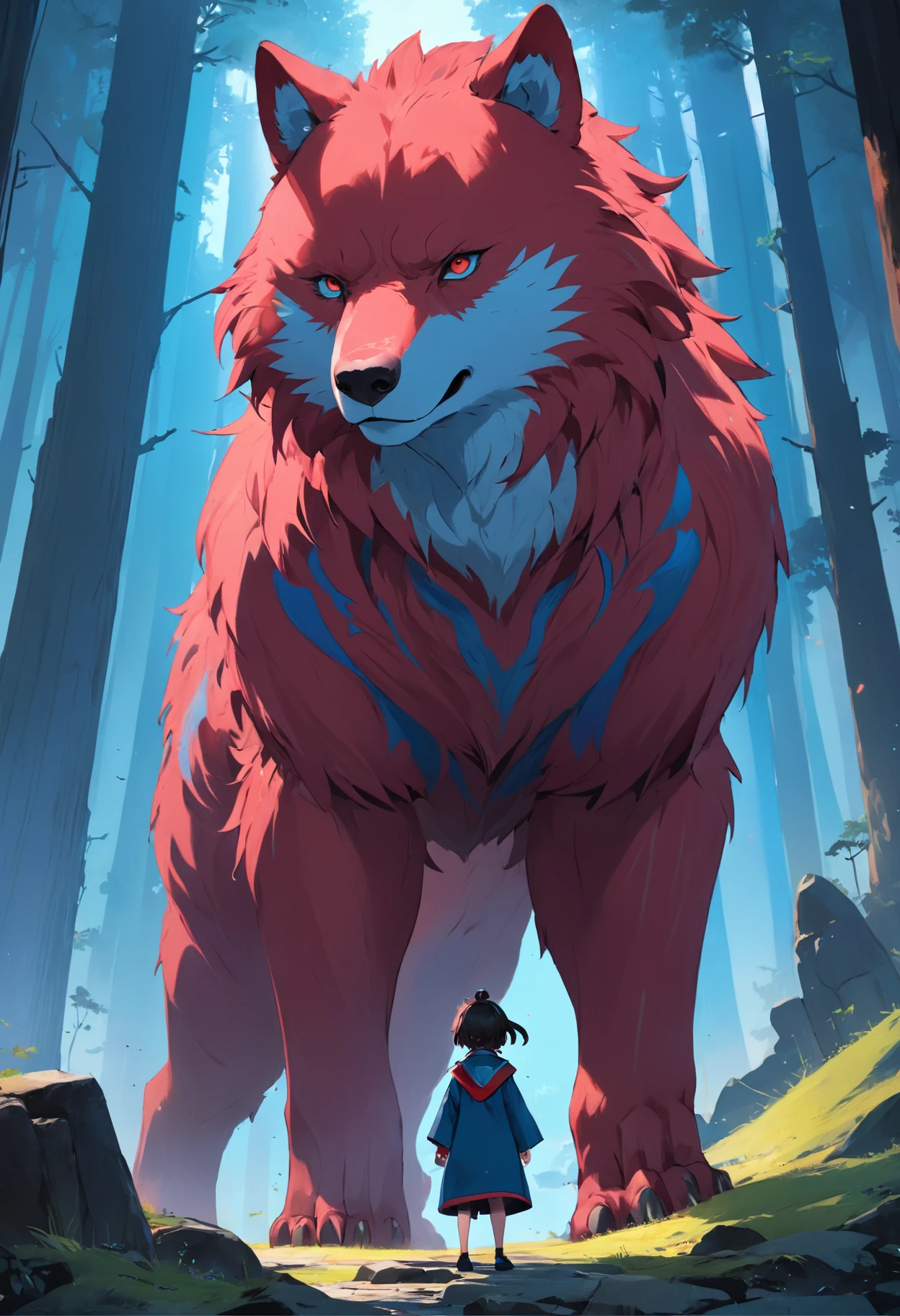 This is a surreal 32K China、Images of Shinkono Bear,Capture every pore and texture with a delicate texture and form,A huge red giant wolf with golden stripes,Contrast with the surrounding landscape,((Super mass)),blue colors,In the background are the sky,dark cloude,huge tusks,Unreal Engine5,dreamy scenes,Shocking。