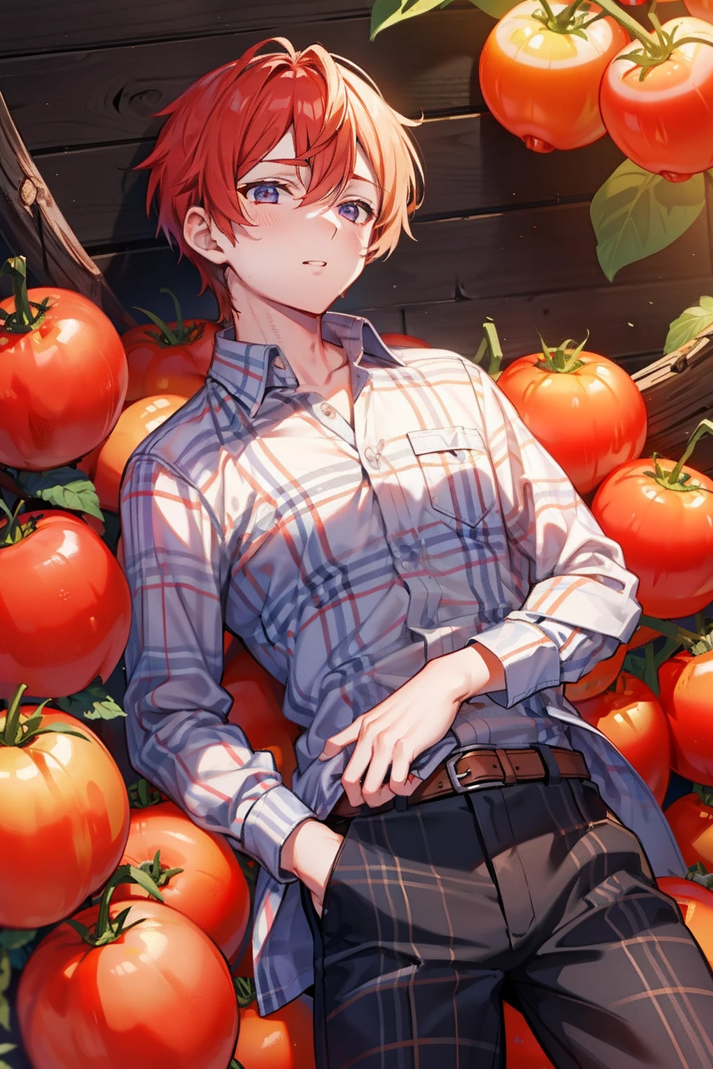 {{ember}} 　Check Button Shirt　JINS　Harvesting tomatoes　male people　twinks