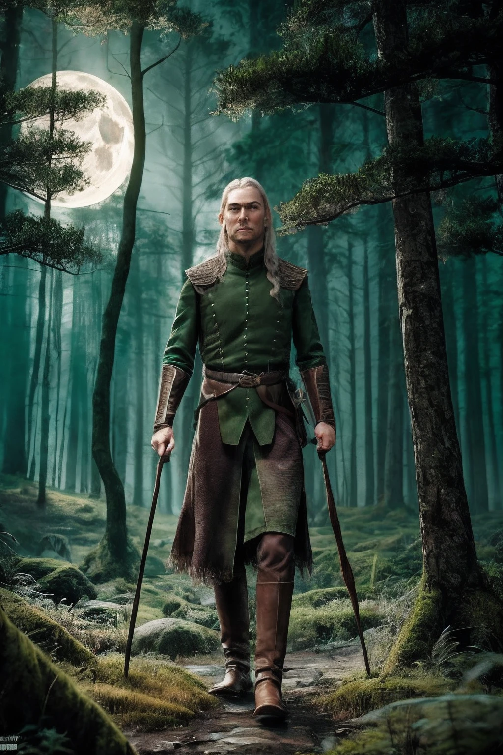 Create a realistic illustration of a fantasy character of an elf (rosto detalhado:1.3), Legolas style from The Lord of the Rings series. Este elfo deve ter longos cabelos brancos, olhos azuis penetrantes, A slender physique, e orelhas pontiagudas distintas. Coloque este caractere em um denso, Mysterious forest at night, with ground-level mist spinning eerily in the glow of an exceptionally bright moon. Render this scene using Octane rendering technique in stunning 8K resolution. O clima geral deve ser misterioso e cativante, Capturing the essence of a moonlit forest.