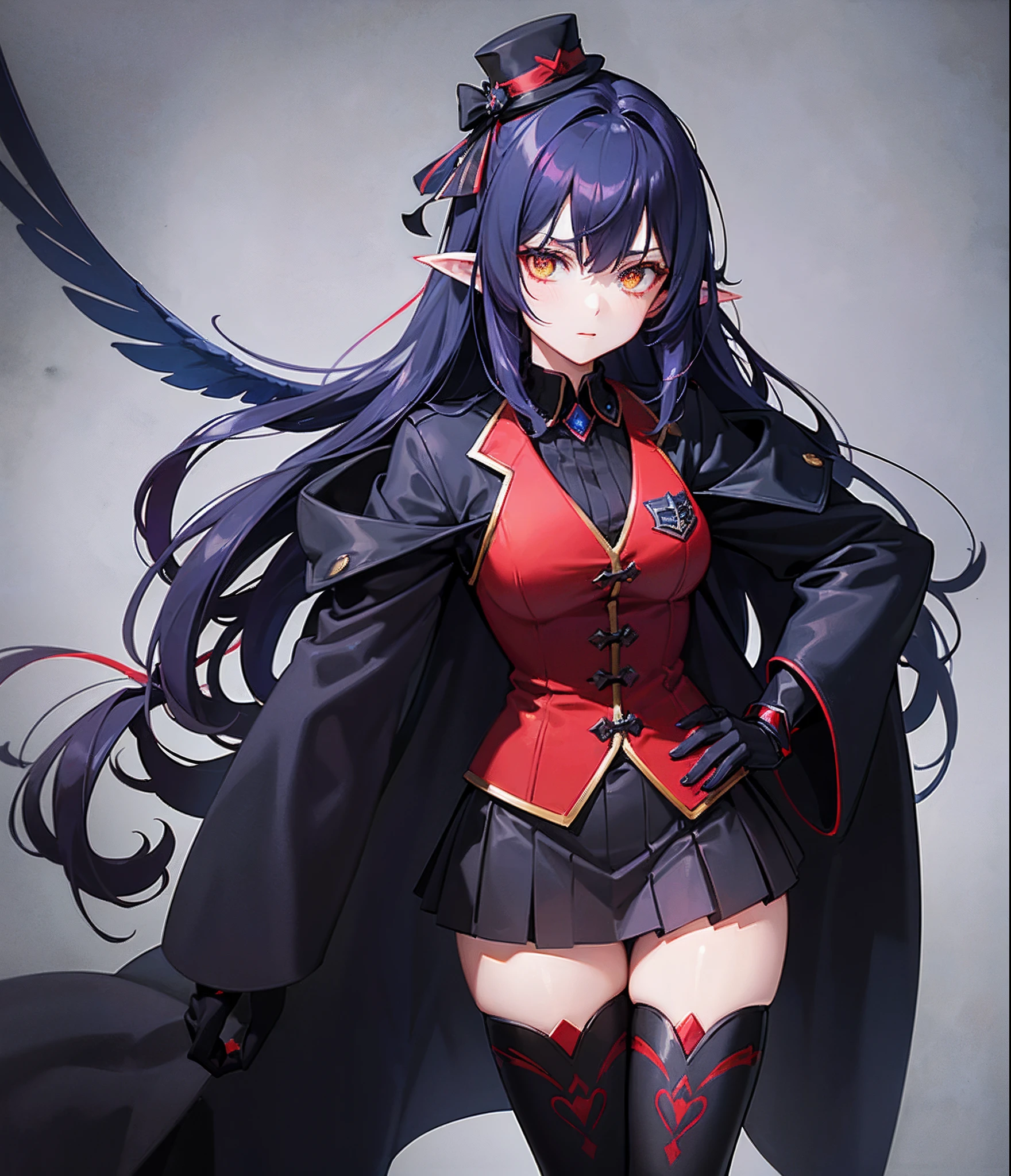 Magical Transformation Girl, dark blue and black costume with red trim belt and ribbons, a black jester-like hat with red rune patterns, dark maroon imp wings glowing yellow eyes, red claws peaking out of black gloves, best quality, masterpiece