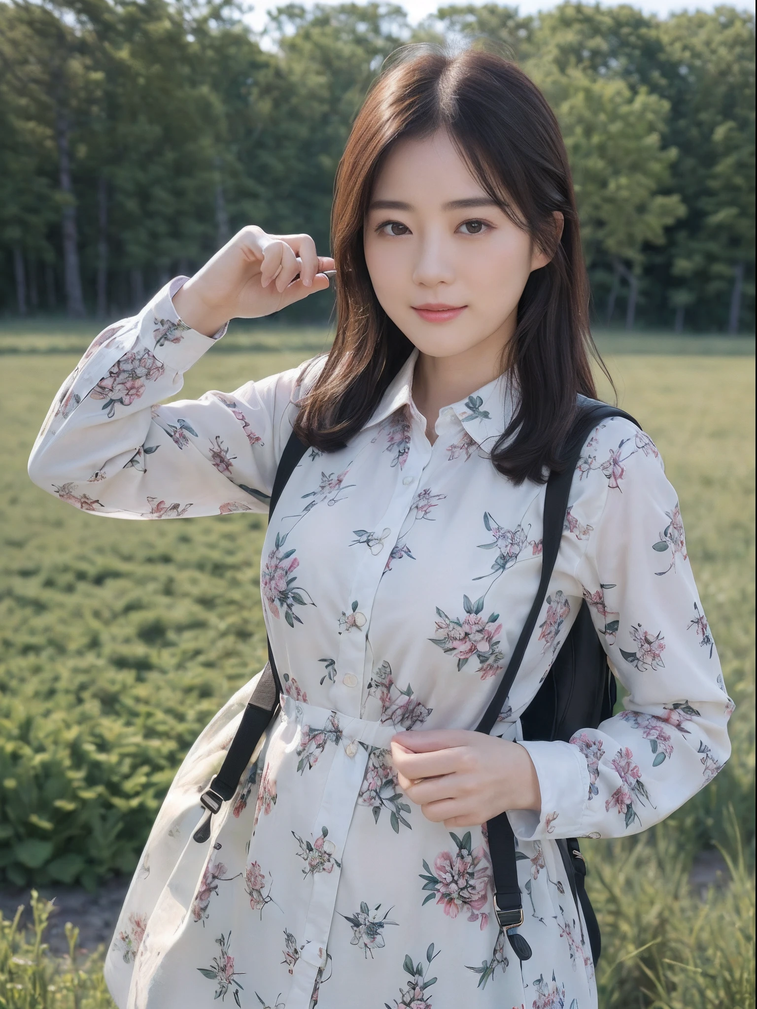 (8K、top-quality、​masterpiece:1.2)、(realisitic、Photorealsitic:1.37)、ultra-detailliert、((Beautuful Women))、((JINS))、((Long sleeve shirt with floral pattern))、hiking、((Breast))、((Black shorthair))、plateau、((A slight smil))、grass field、((Walking))、((Carrying a rucksack))