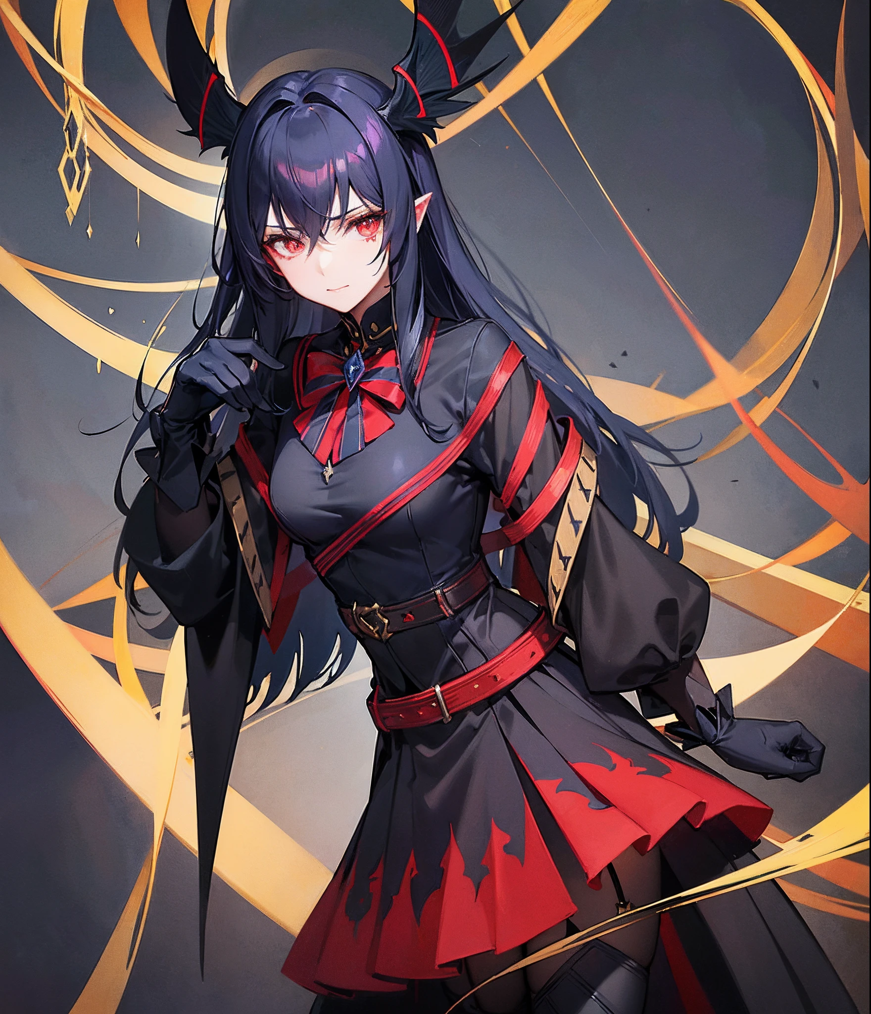 Magical Transformation Girl, dark blue and black costume with red trim belt and ribbons, a black jester-like hat with red rune patterns, dark maroon imp wings glowing yellow eyes, red claws peaking out of black gloves, best quality, masterpiece