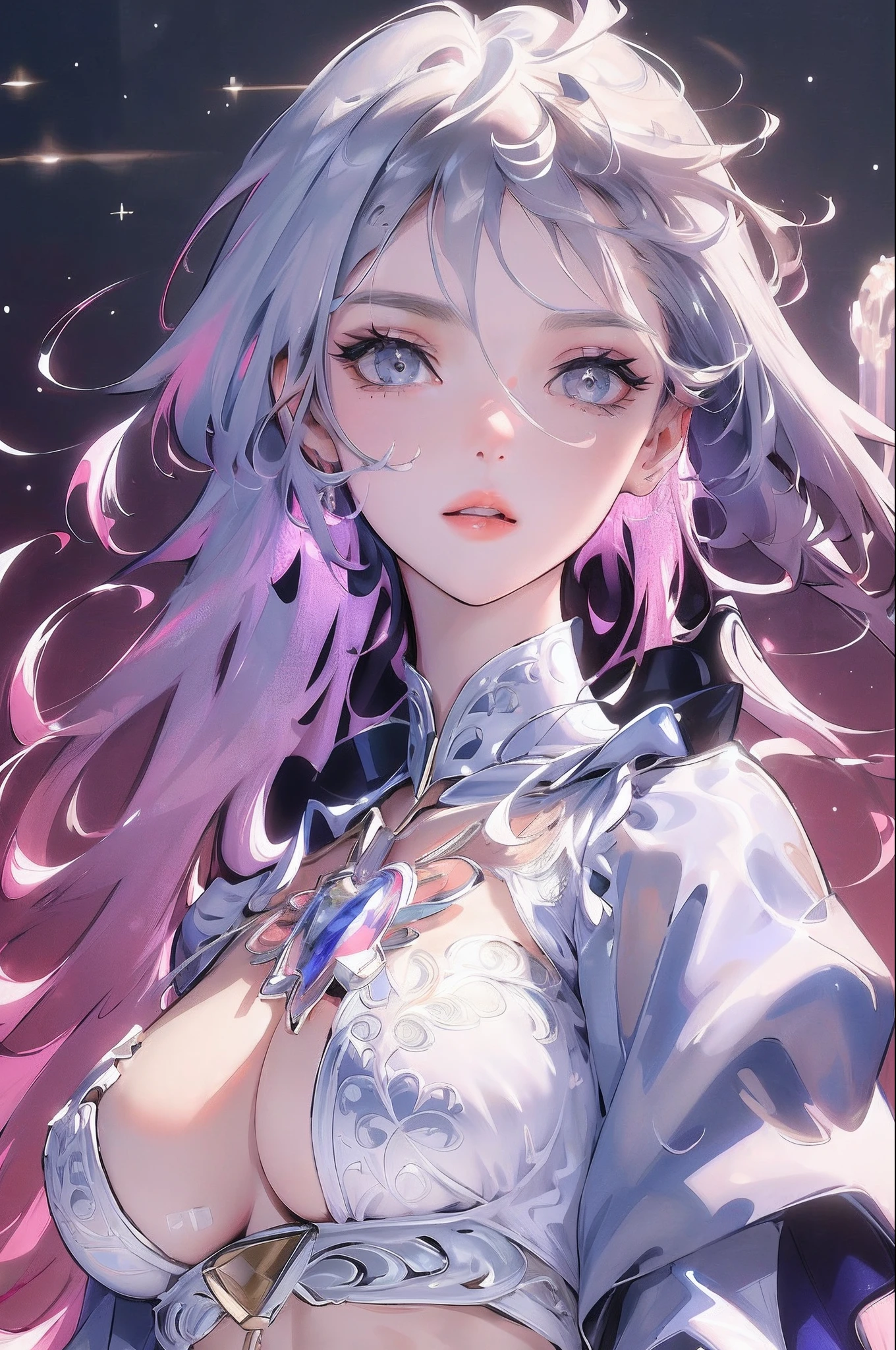 high high quality,Delicate facial features,Delicate hair,(( big bountiful breasts:1.2)), silver long hair,Delicate eyes,Girl's eye details,Long eyelashes,gem-like eyes,Crystal texture,Glazed texture,Onyx texture,Bright,glitters,high light,Gradient,Iris gradient,beautiful pupil,There are rivers of stars in the eyes,Highly detailed,high-definition picture quality,Bright colors,Depth of field effect,Star background,8K high quality detailed art(Delicate facial portrayal)(Fine hair depiction)(highest quality)(Master masterpieces)(High degree of completion)(a sense of atmosphere)8k wallpaper,masterpiece,Best quality at best,ultra - detailed, portrait upto abs, focus on breast, intricate school uniform armored