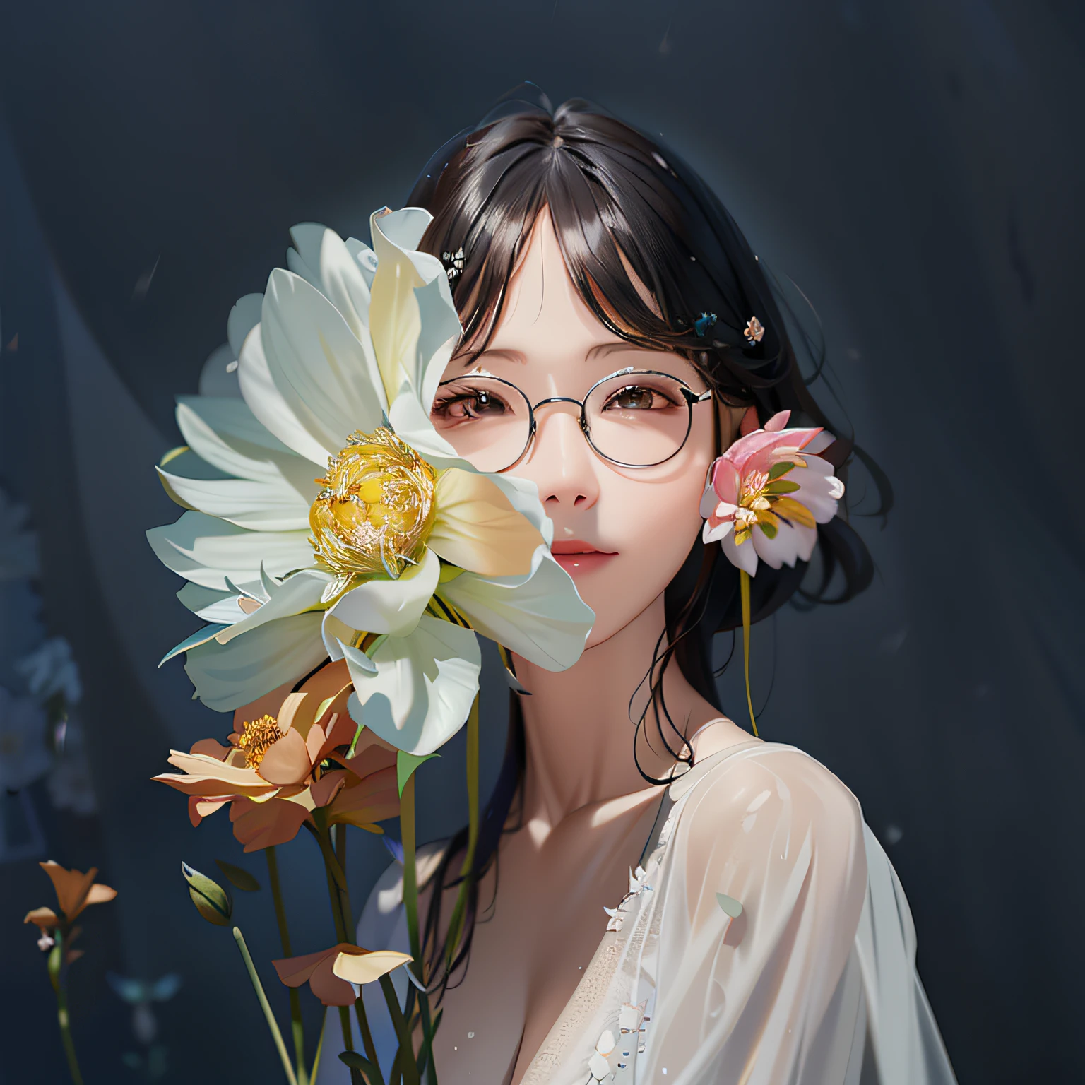 There was a woman with glasses holding a flower in front of her, Portrait photo of a beautiful, Guviz-style artwork, female portrait with flowers, With flowers, with frozen flowers around her, beautiful portrait image, girl with a flower face, By Li Song, 8k artistic portrait photography, With glasses, Zhang Jingna, By Leng Mei