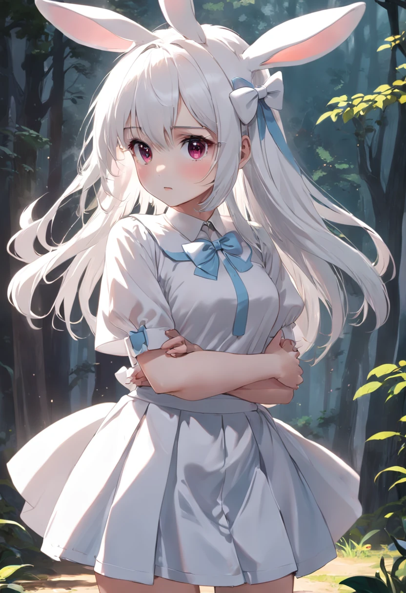 Girl White Rabbit White Hair Bow White Short Skirt White Top She looked at me with a shy expression