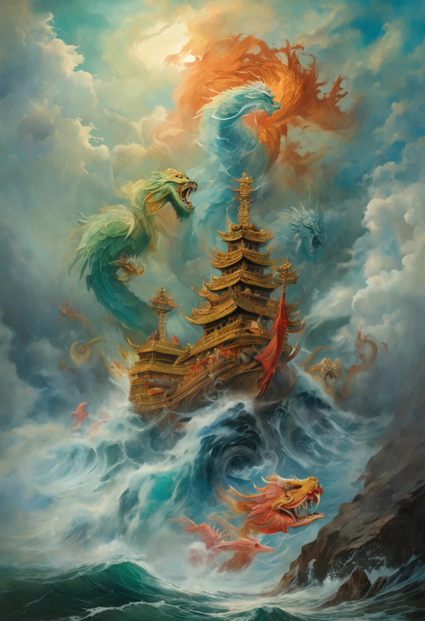 Vickers style, The graphics in the poster design are ocean colors, Chinese dragon in ink painting,, As a water god, Living in the North Sea, Control thunderstorms at sea, an ancient Chinese god, Super sharp,Realistic details,Auspicious clouds, depth of fields, God Ray, fantasy coloring, romanticism lain, art-deco, Cinematic lighting, Depth of field, Sparkle, god light, Ray tracing, Ultra-wide angle, first person perspective, Wide shot, hyper HD, High quality, High details, Textured skin, Best quality
