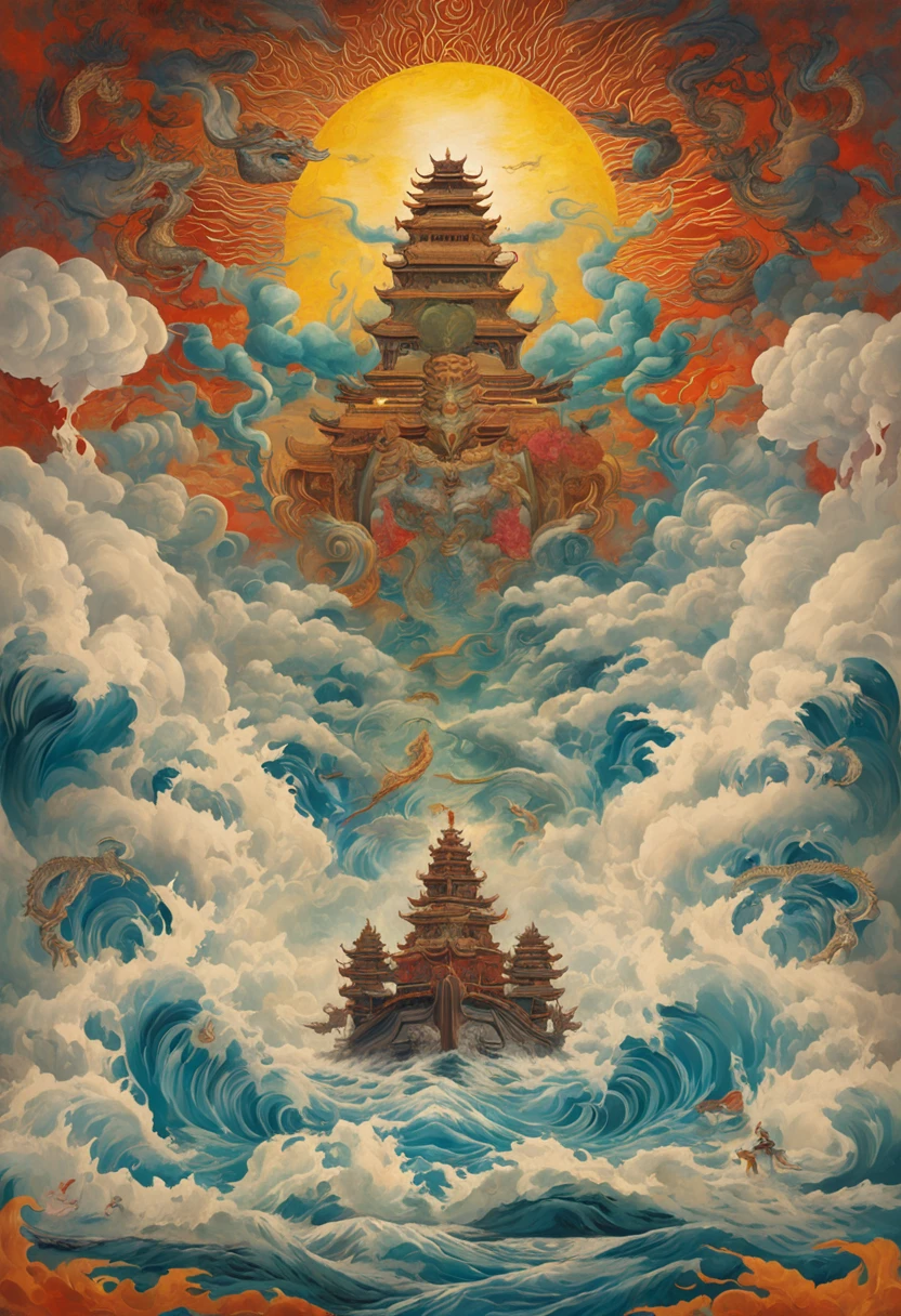 Vickers style, The graphics in the poster design are ocean colors, Chinese dragon in ink painting,, As a water god, Living in the North Sea, Control thunderstorms at sea, an ancient Chinese god, Super sharp,Realistic details,Auspicious clouds, depth of fields, God Ray, fantasy coloring, romanticism lain, art-deco, Cinematic lighting, Depth of field, Sparkle, god light, Ray tracing, Ultra-wide angle, first person perspective, Wide shot, hyper HD, High quality, High details, Textured skin, Best quality