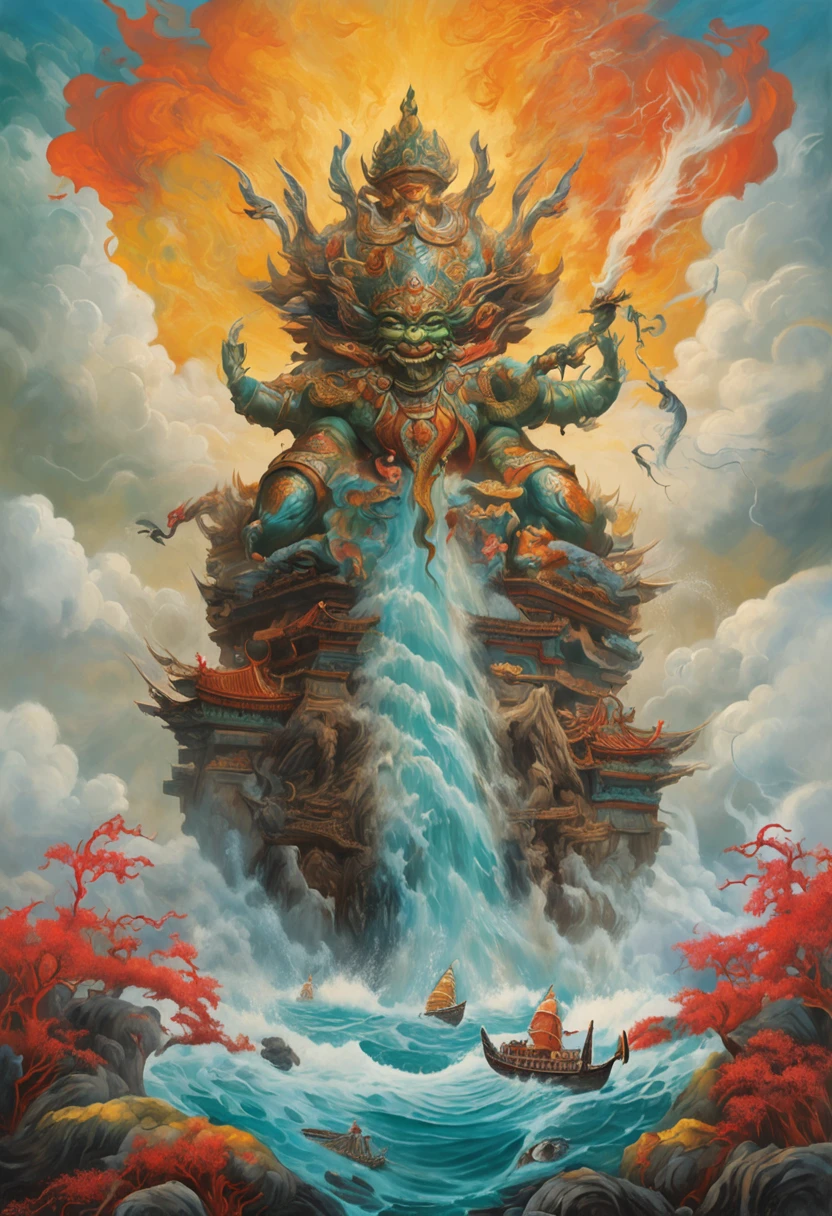 Vickers style, The graphics in the poster design are ocean colors, Chinese dragon in ink painting,, As a water god, Living in the North Sea, Control thunderstorms at sea, an ancient Chinese god, Super sharp,Realistic details,Auspicious clouds, depth of fields, God Ray, fantasy coloring, romanticism lain, art-deco, Cinematic lighting, Depth of field, Sparkle, god light, Ray tracing, Ultra-wide angle, first person perspective, Wide shot, hyper HD, High quality, High details, Textured skin, Best quality