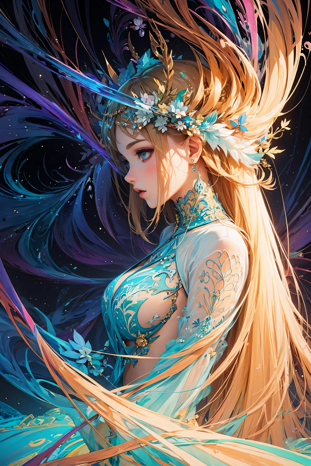 (masterpiece, top quality, best quality, official art, beautiful and aesthetic:1.2), (1girl), extreme detailed,(fractal art:1.3),colorful,highest detailed, very long hair