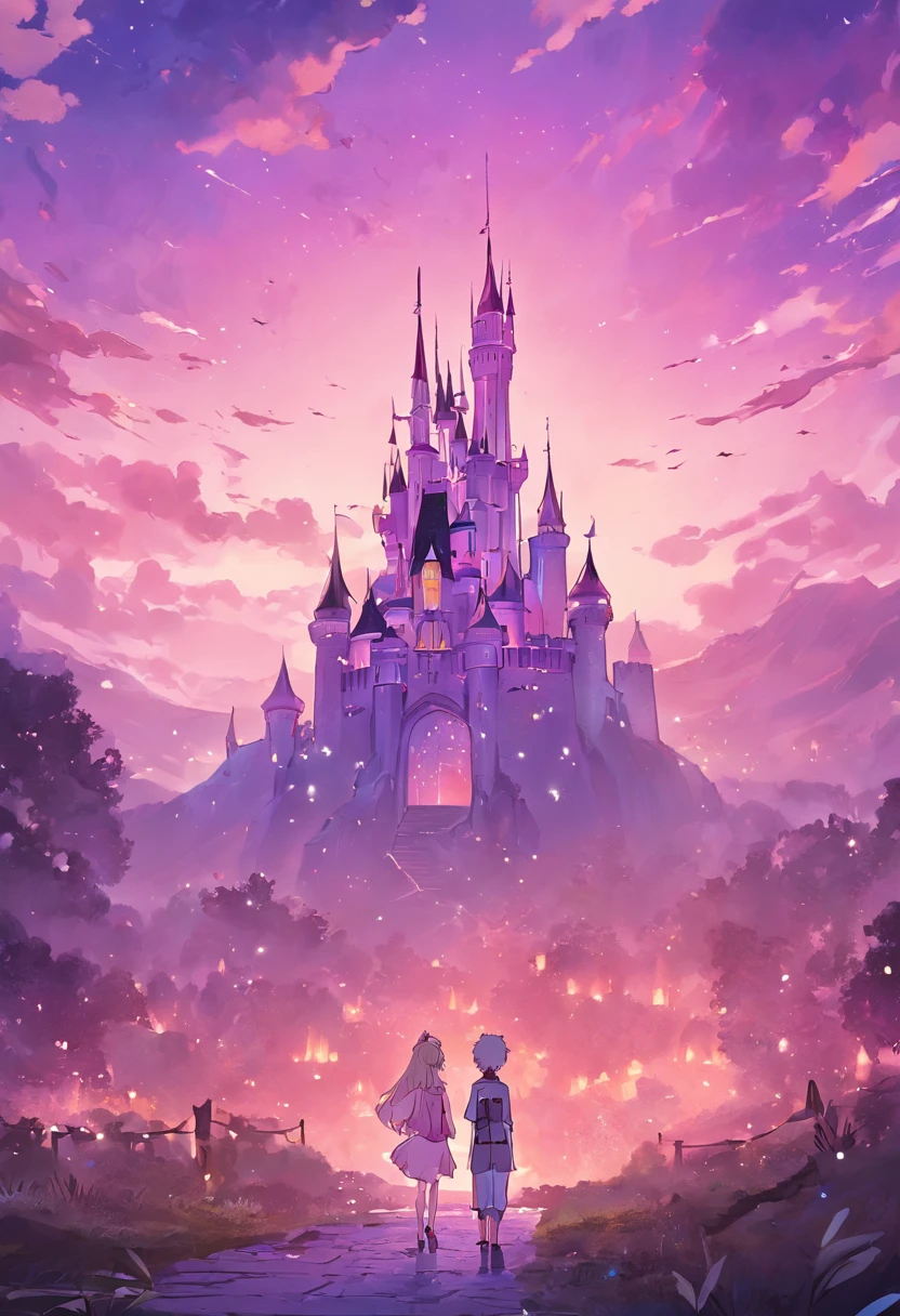 Disney castle, sunset, purple sky, fog distance, Rapunzel castle, sweet colors, desatureted