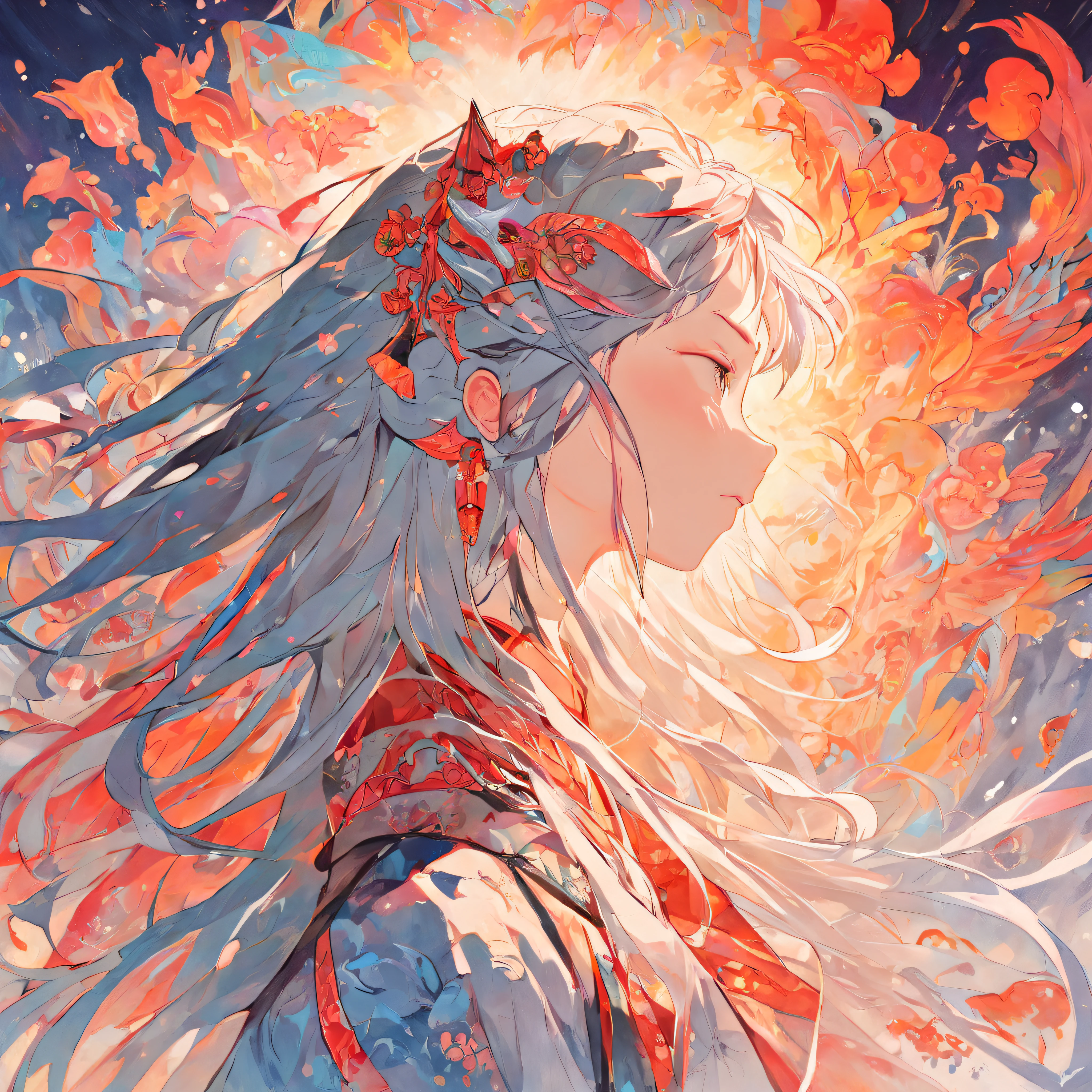 (White background:1.4),(Silhouette of a girl's head, Eyes closed, colorfull long hair, Oriental elements),(Chinese illustration:1.3,paper art:1.3, Quilted paper art:1.2),( reasonable design, Clear lines, High sharpness,Best quality, Very detailed, masutepiece, movie light effect, 4K )