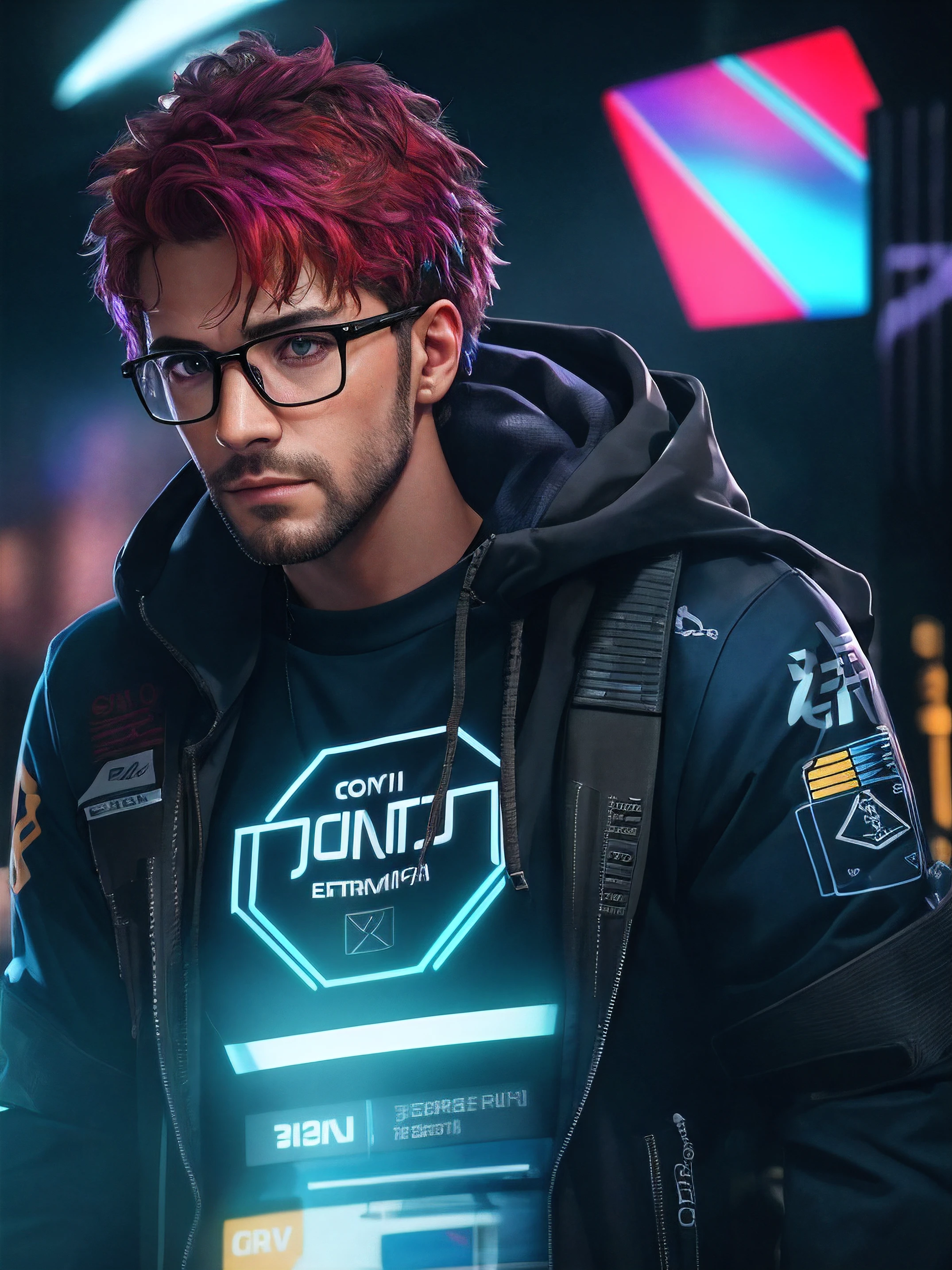 Corida photo of a man with glasses and a T-shirt, retrato Corido, cor neon sangrar, hero pose Corida city lighting, foto de retrato, pingando em tinta neon, filtros e efeitos badass, Retrato VFX altamente detalhado, cyberpunk cores vibrantes, saturado Corido, gotejamento com cor, Cor ( sony um 7 r iv, Corido octanage vivid render, Corida octane rendering, Color Explosion