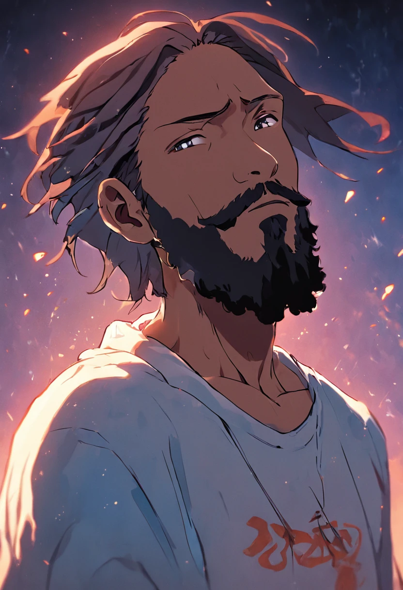 Homem com regata branca, com barba, arte de anime, visual principal de anime de Snoop Dogg, rosto perfeito finamente detalhado, super high quality art, olhar direcionado