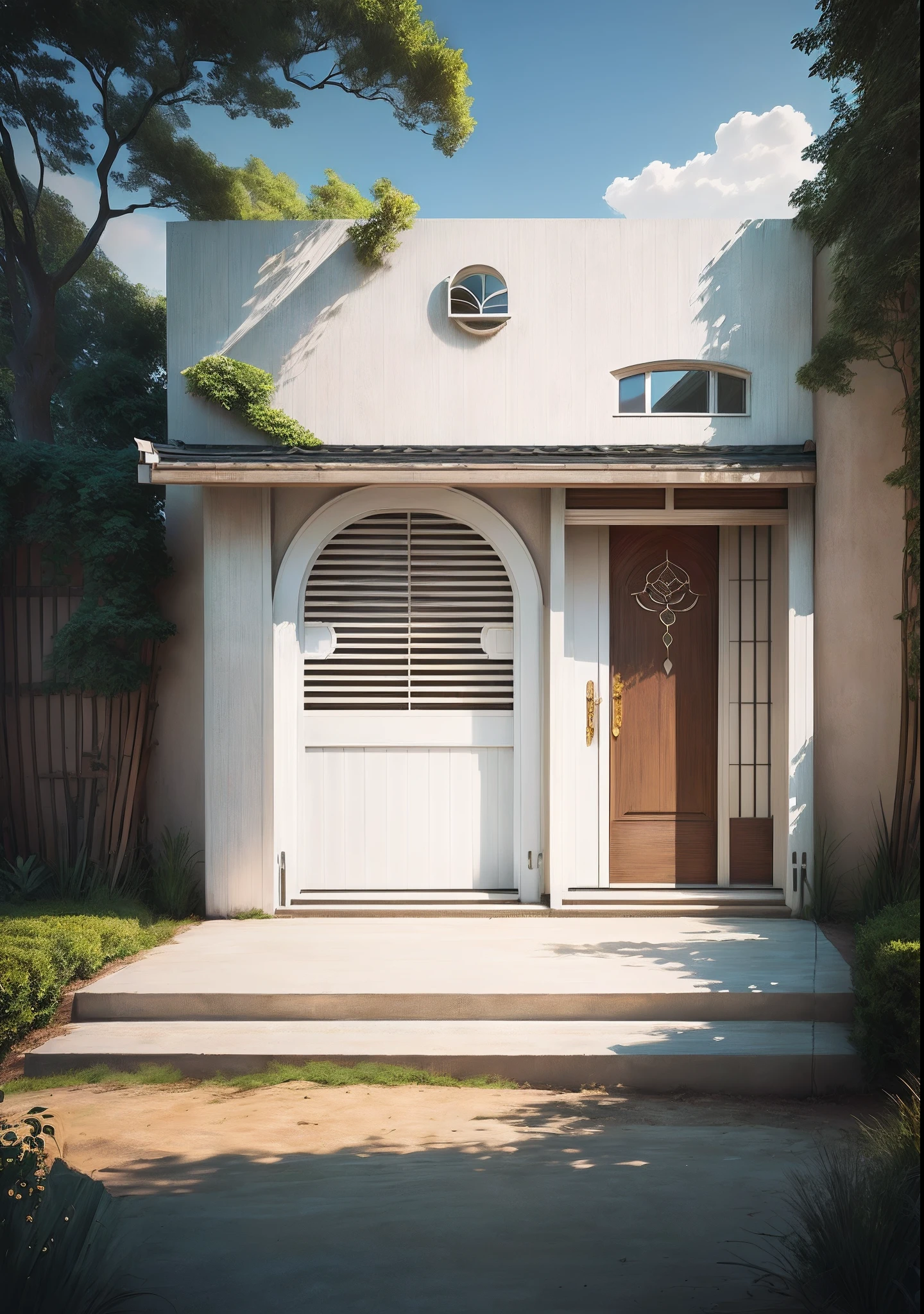 Illustration of a house with doors and windows with shutters, house illustration, shop front, Arched doorway, doorways, Entrance, tall entry, tall door, made with illustrator, up front view, balcony door, facing front, Japanese style houses, in style of simplified realism, with archways, Shop front, White Building, Architectural illustration, building facing, Minimalist design, frontage