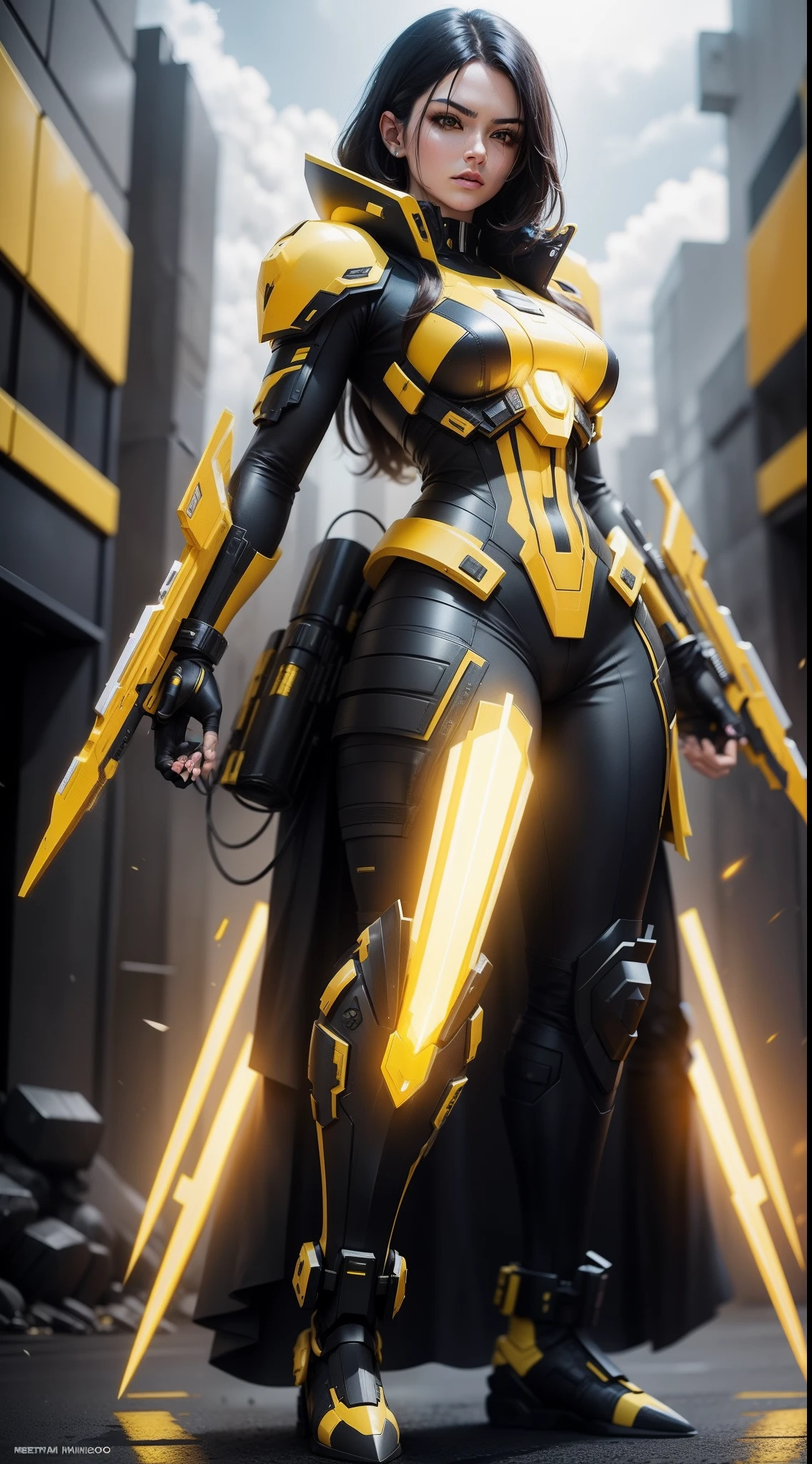Neo Blaster:
Develop an NFT depicting a superhero wearing a yellow and black battle suit with brushed metal accents. Focus on creating a futuristic weapon in your hands, emitindo um brilho impressionante.