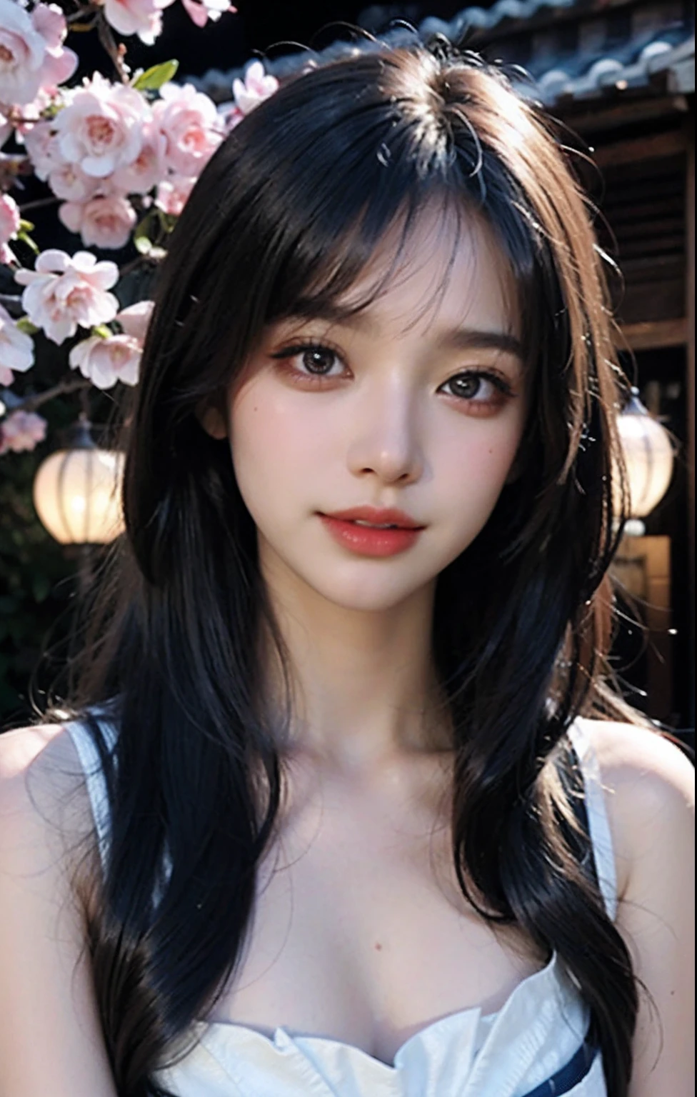 (ulzzang-6500-v1.1:0.8),(raw photo:1.2),((photorealistic:1.4)),(upper body),best quality,masterpiece, very delicate and beautiful, very detailed, CG, unity, 8k wallpaper , amazing, fine detail, masterpiece, best quality, official art, extremely detailed CG unity 8k wallpaper, ridiculous, unbelievably ridiculous, huge file size, super detailed, high resolution, very detailed, beautifully detailed girl, very detailed eyes and face, beautiful detailed eyes, light on the face, movie lighting, 1 girl, looking at the audience, east asian architecture, (blurred background: 1.2), cherry blossoms, lantern lights, depth of field,
