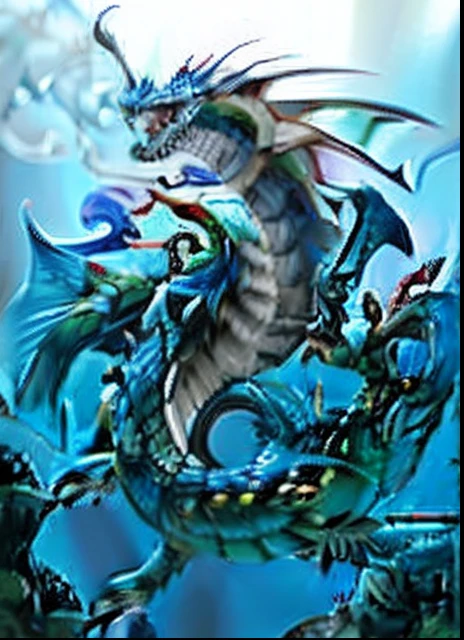 A closeup of a dragon flying over a mountain with a sky background, water monster Cobranteina, Cobrante do mar, great mystical winged serpent, blue scaled dragon, Jormungandr, water dragon, cyan chinese dragon fantasy, Criatura marinha lovecraftiana, dragon tailed, curved horned dragon!, dnd triton, Sea dragon, monstro marinho assustador, storm dragon, Cobra