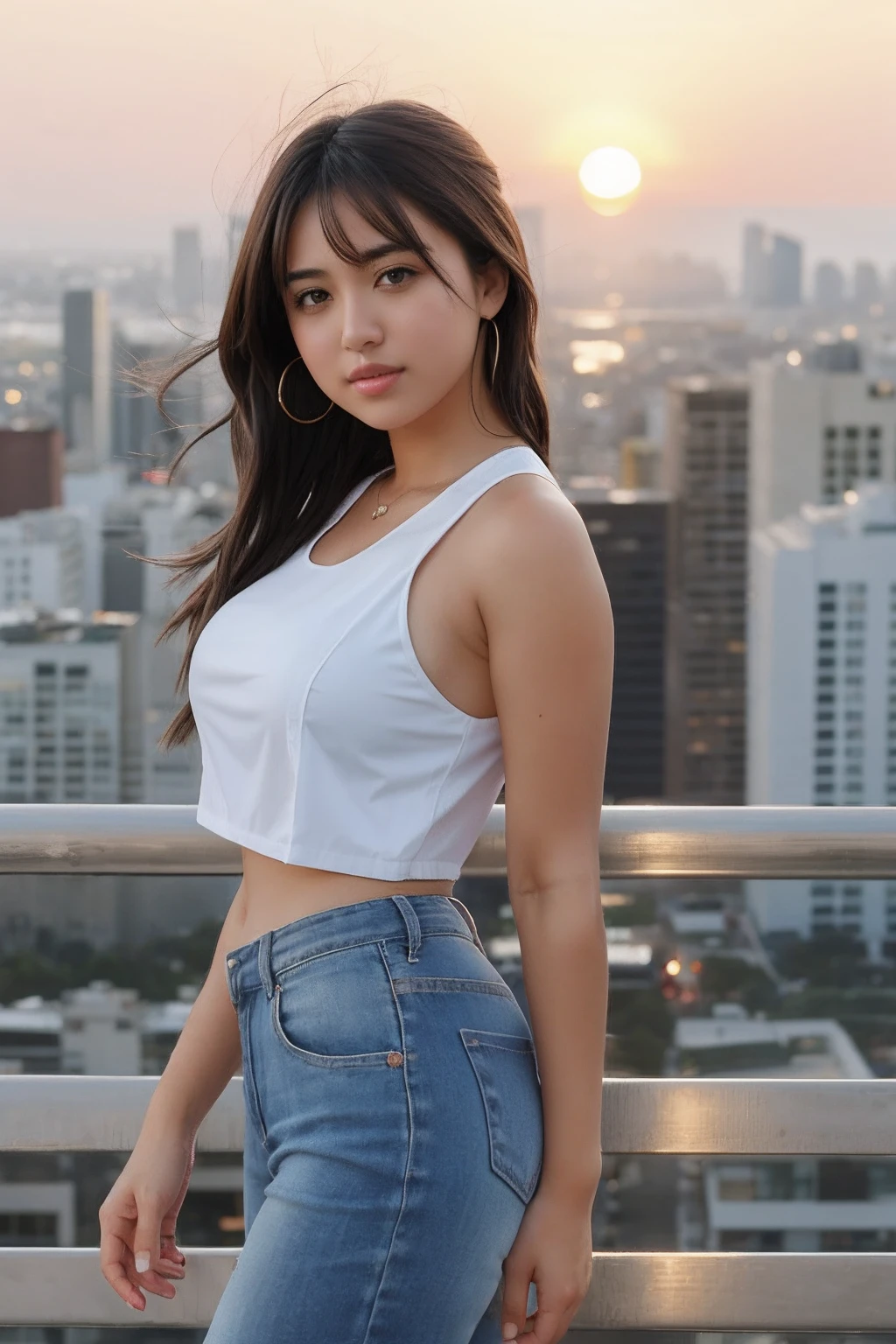 1girl in, Upper body, Cityscape, Blurry sunset background,