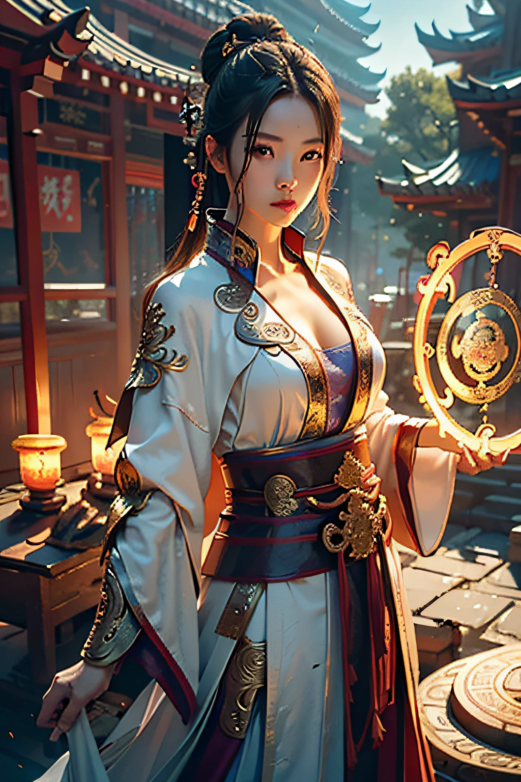 Best quality,masterpiece,ultra high res,(photorealistic:1.4),xiuxian,weapon,Detailed face,
1girl,solo,weapon,cleavage,(magic circle:1.2),xiuxian,upper body,Beautiful girl,full body,east asian architecture,sheath,architecture,