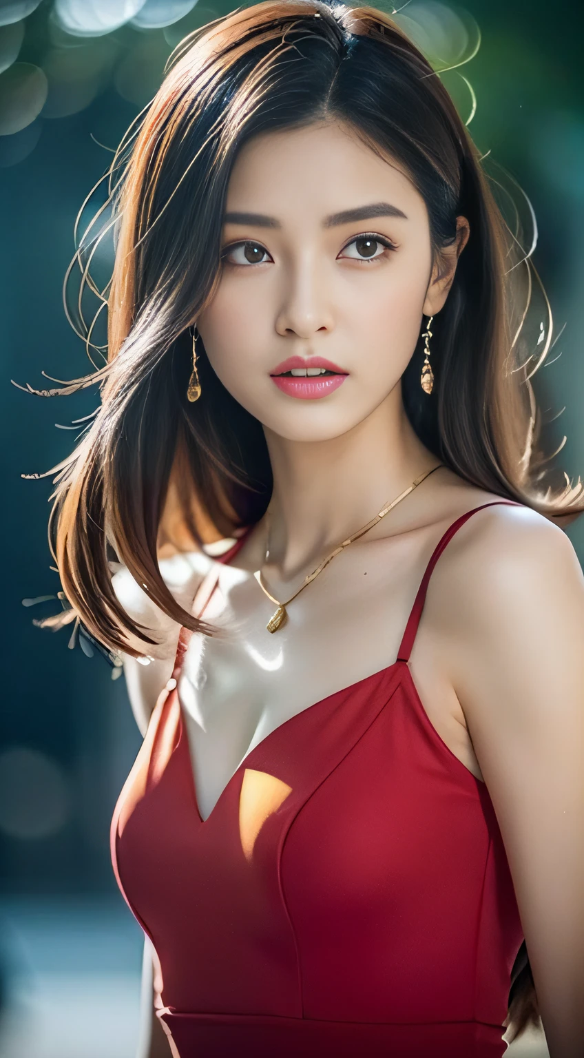 (8K分辨率,Avatar photo),(1womanl,27years old,((heart - shaped face,Wide top and narrow bottom,The forehead is wide and full,with a pointed chin,The eye shape is round and full,Small open fan double eyelids,The lying silkworm is full,The tail of the eyes rose slightly,Thin upper lip,The lower lip is plump,s delicate face,详细的脸),Long shoulder-length hair,Roll inward),Fair smooth skin,(Best Skin Type:1.21),(Off-the-shoulder fashion dress,Luxurious necklaces,Ultra-fine clothing material),(beachside,Deep view),(Professional lighting),((The color is uniform,(red colour,green color))),(Golden section,Cinema lenses,Hasselblad photograp,tmasterpiece:1.3),(Delicate and cute,Full of charm,Heroic,fashion art,trendsetting,Artis,Art platform)