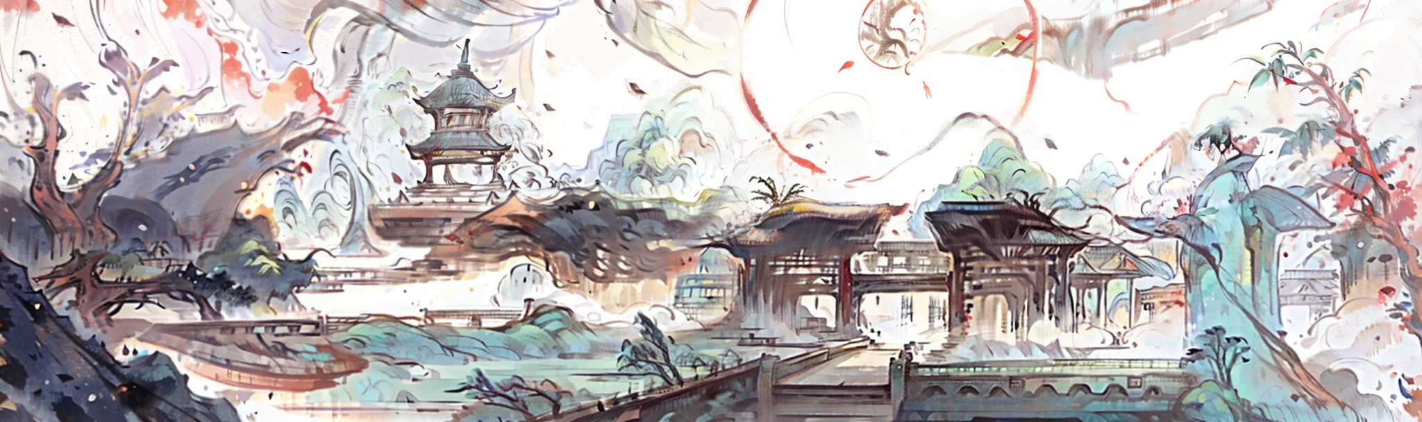 A man in a Chinese robe stands at the head of the bridge,Quaint,Game Icon Institute,correct, Reasonable structure,high resolution, Game icon,Weir structure,High quality, green trees,Red Wall,Best quality, Masterpiece, Chinese architecture, Mountains, Clouds, Waves, bamboo forrest,and harmonious,Chinese style,2D,Clear priorities, Fantasy style,k hd,Clear,8K