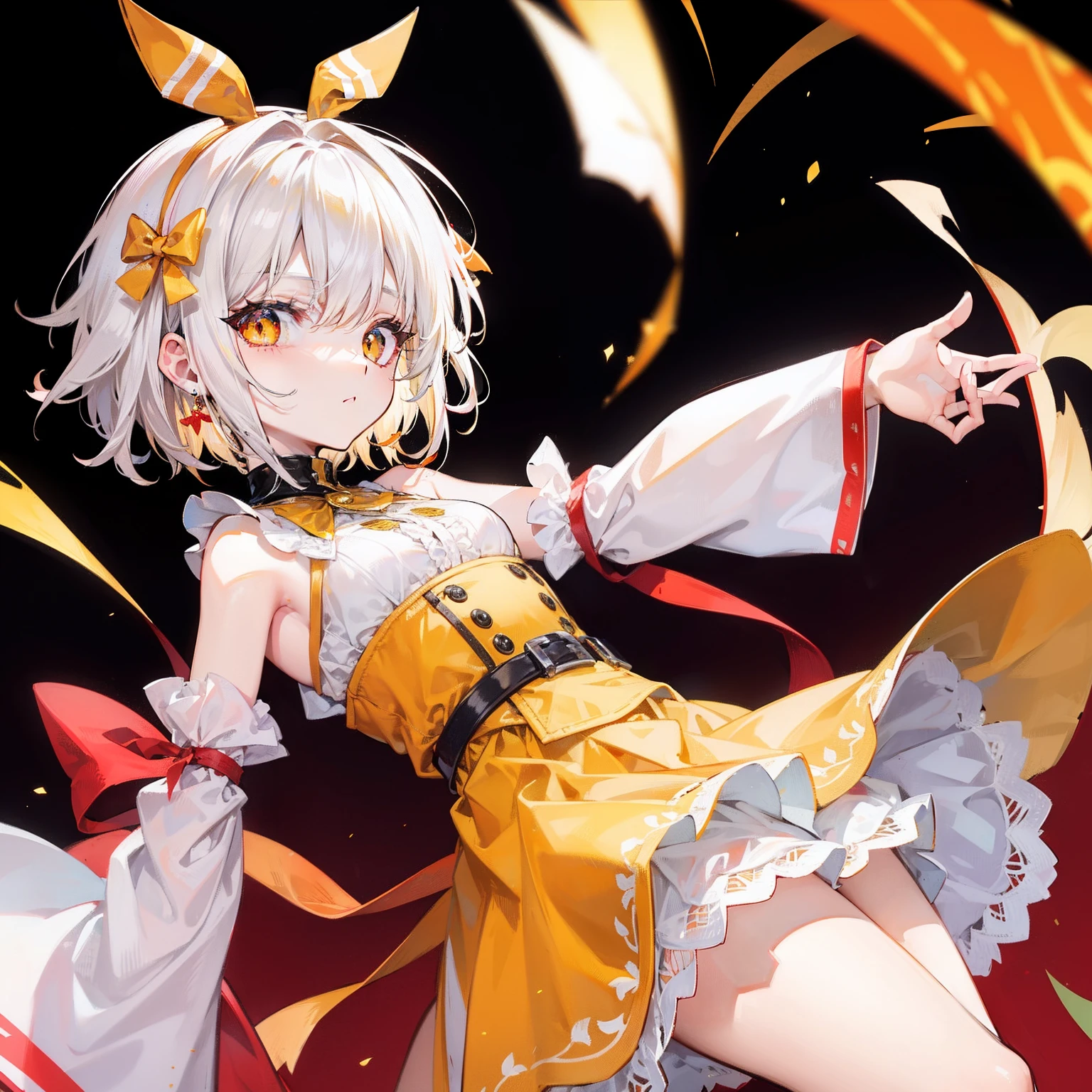 The short white hair has a slight reddish tinge,The head is decorated with a yellow bow,Crimson pupils,Red, orange and yellow clothes,Is a cute