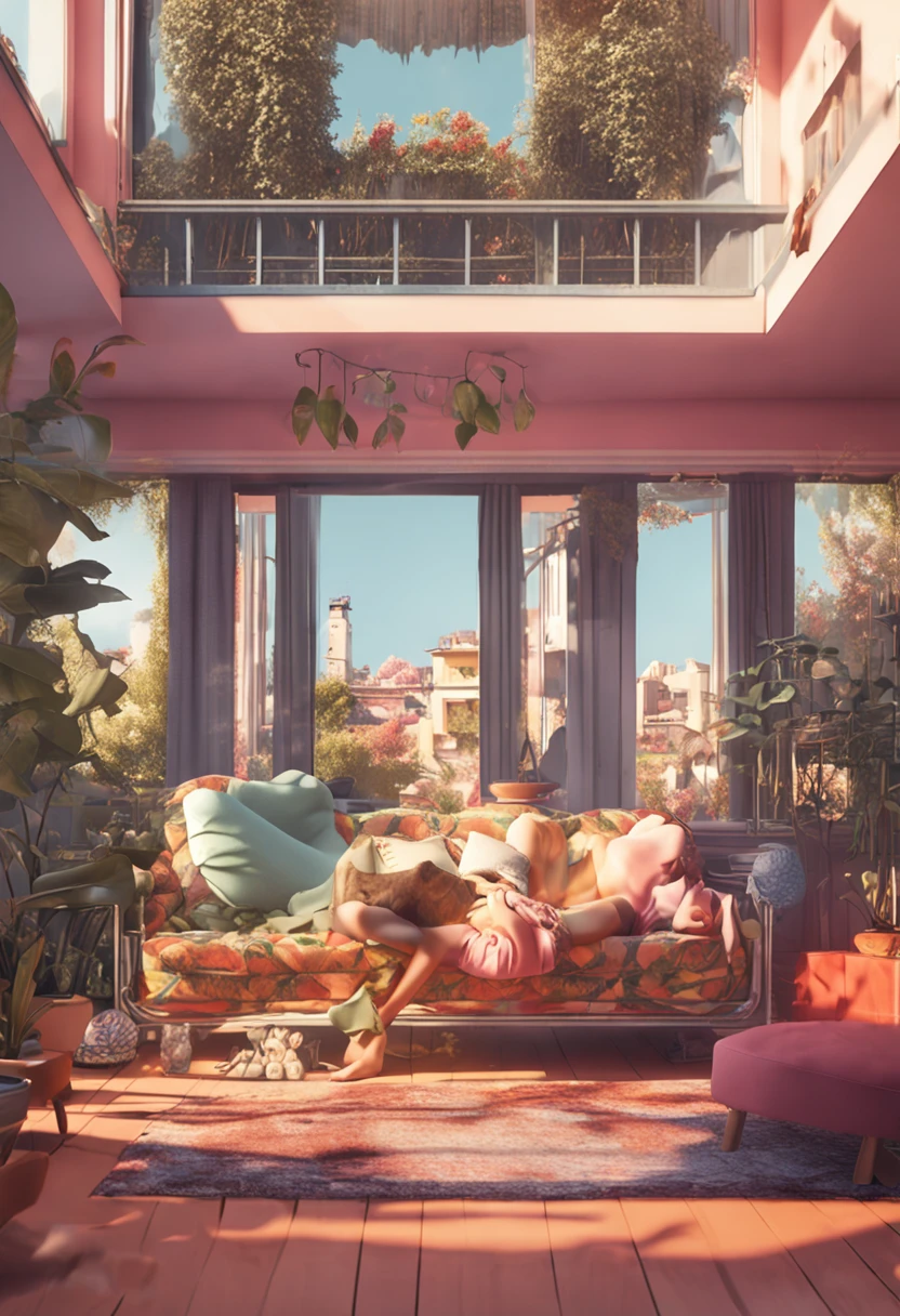 25-year-old man，Beauty short plus white，lying on sofa，Cats lie on people，Tattooed with，tea table，the fruits