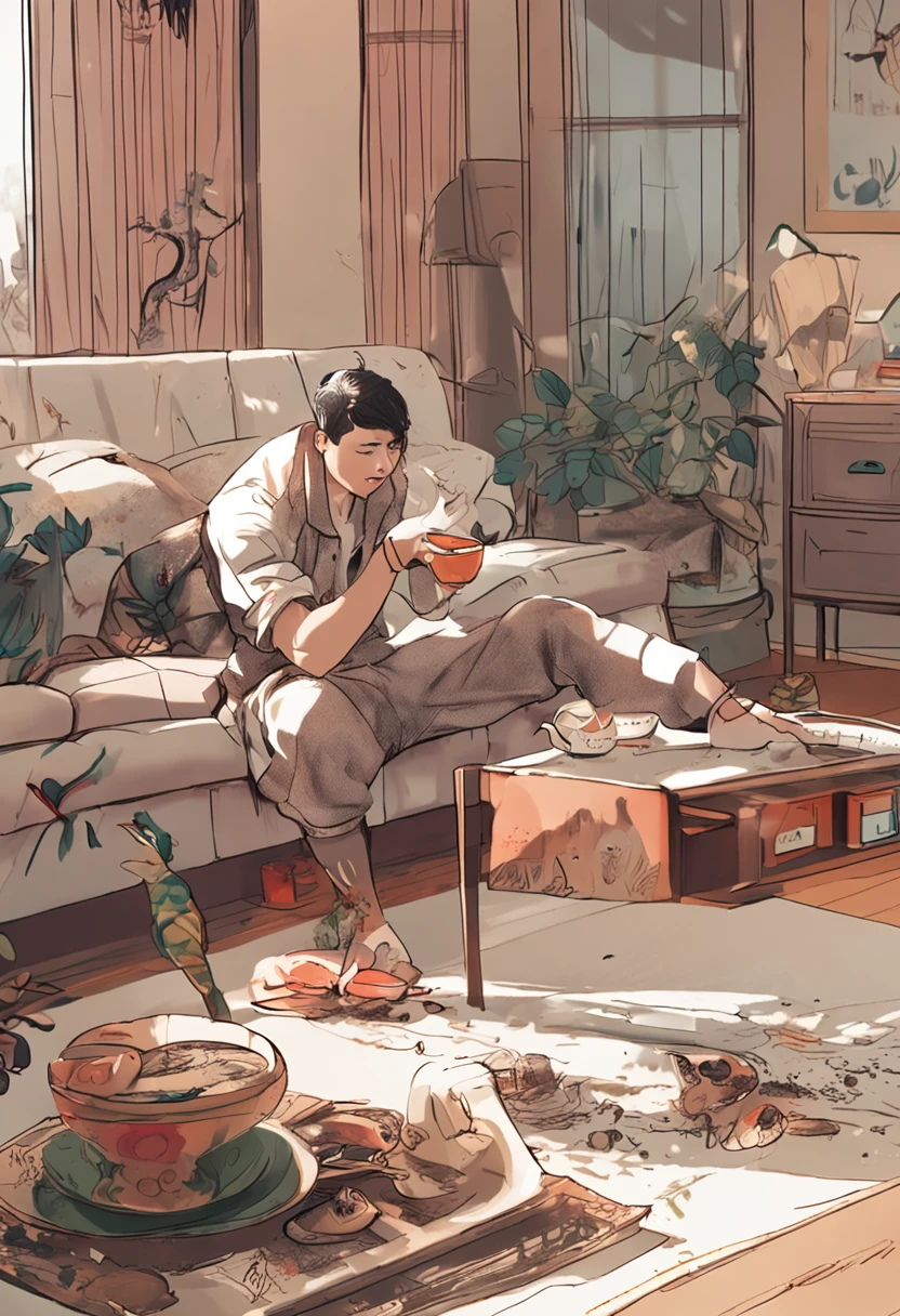 25-year-old man,Beauty short plus white,lying on sofa,Cats lie on people,Tattooed with,tea table,the fruits