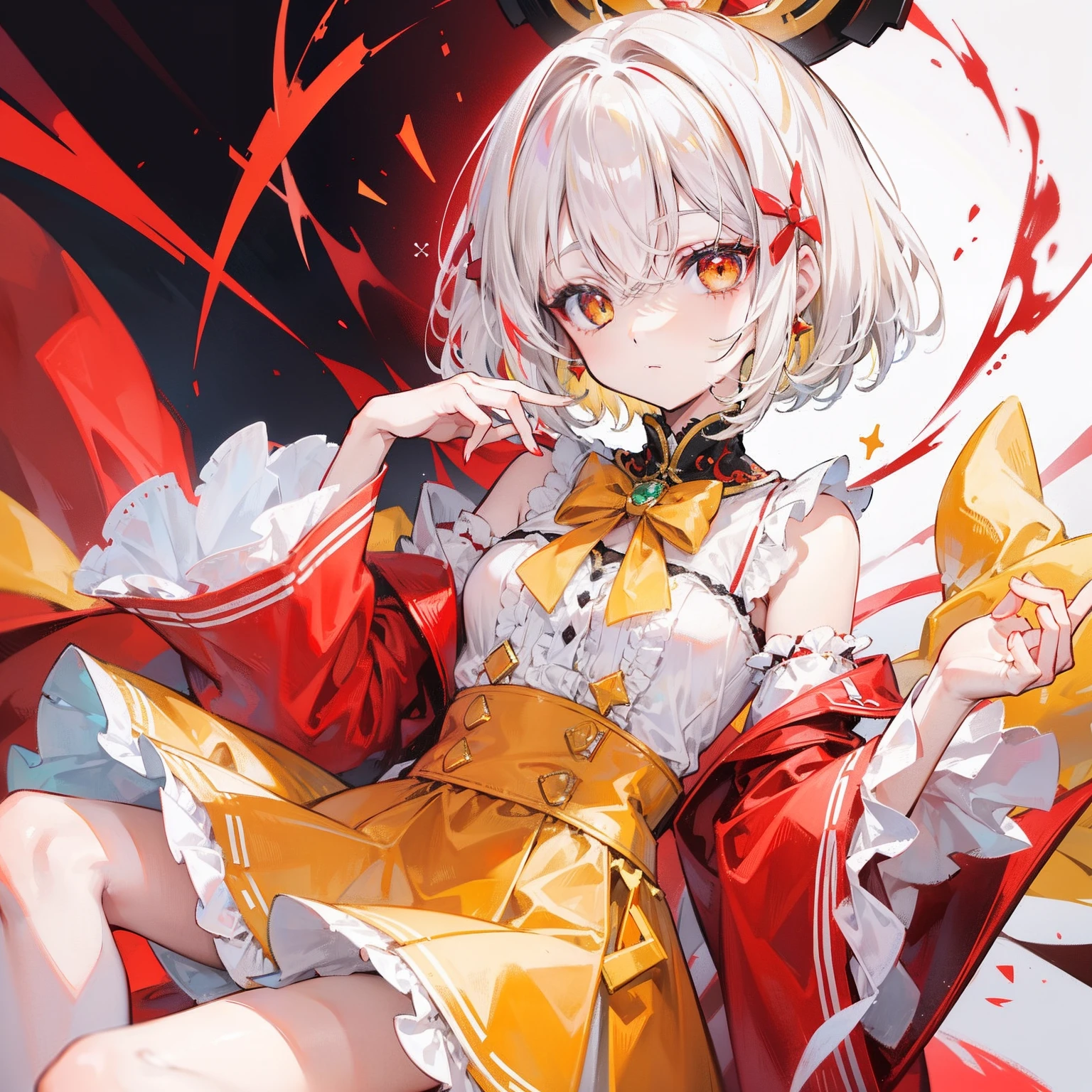 The short white hair has a slight reddish tinge,The head is decorated with a yellow bow,Crimson pupils,Red, orange and yellow clothes,Is a cute