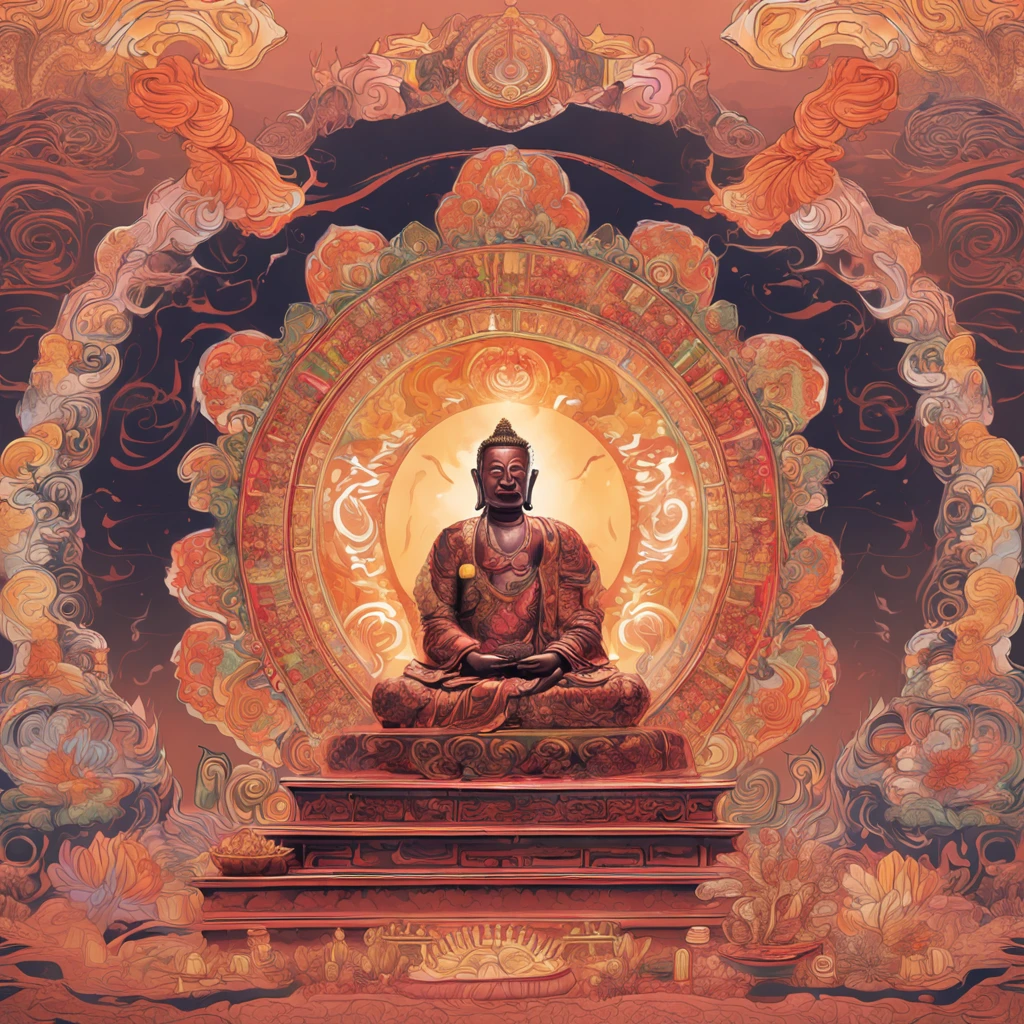 Thangka in Tibetan Buddhism,Portrait of Buddhism, Smoke, Bio-luminescence, glass, Luminism, crystal, Ethereal, Otherworldly, 4K 分辨率, Chinese Tibetan style,Thangka artistic style, Static, Frontal sitting image,front-facing view,Wave with both hands, Dazzling art background, The edges glow, Colorful shades, Digital illustration, intricately details(meticuloso), Sharp focus, Complex composition, The style of atmospheric high-end composition
