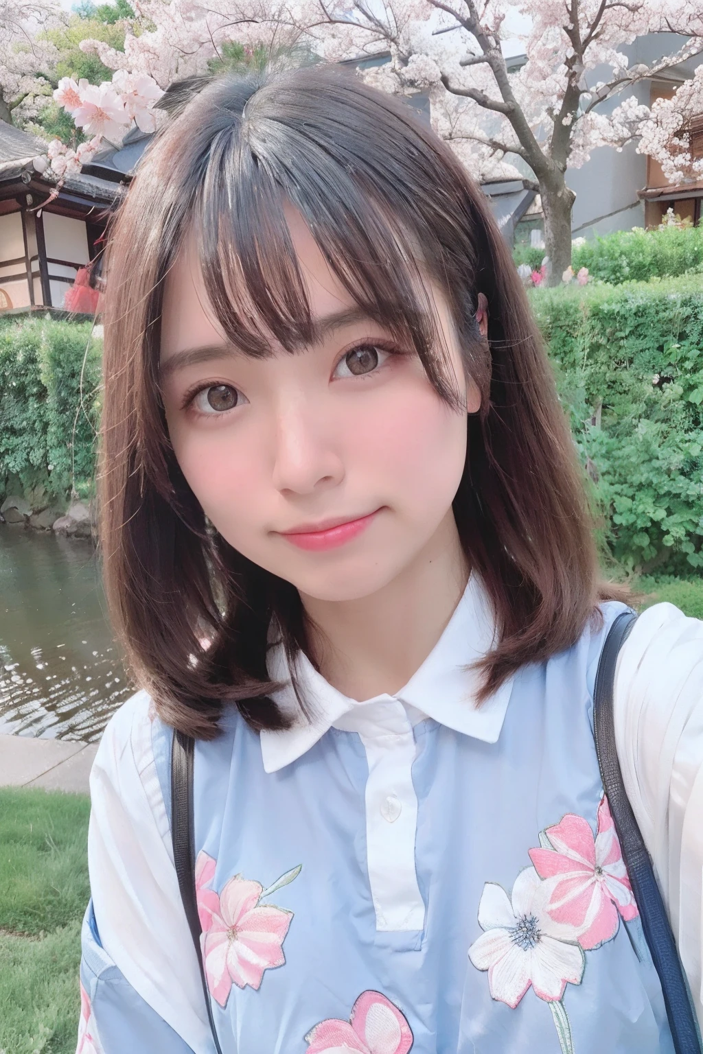 best quality, ultra high res, (photorealistic:1.4),blush,cute,(detailed face),light smile,
looking at viewer,
upper body, japanese clothes,
sunny,river,(cherry blossoms),blue sky,