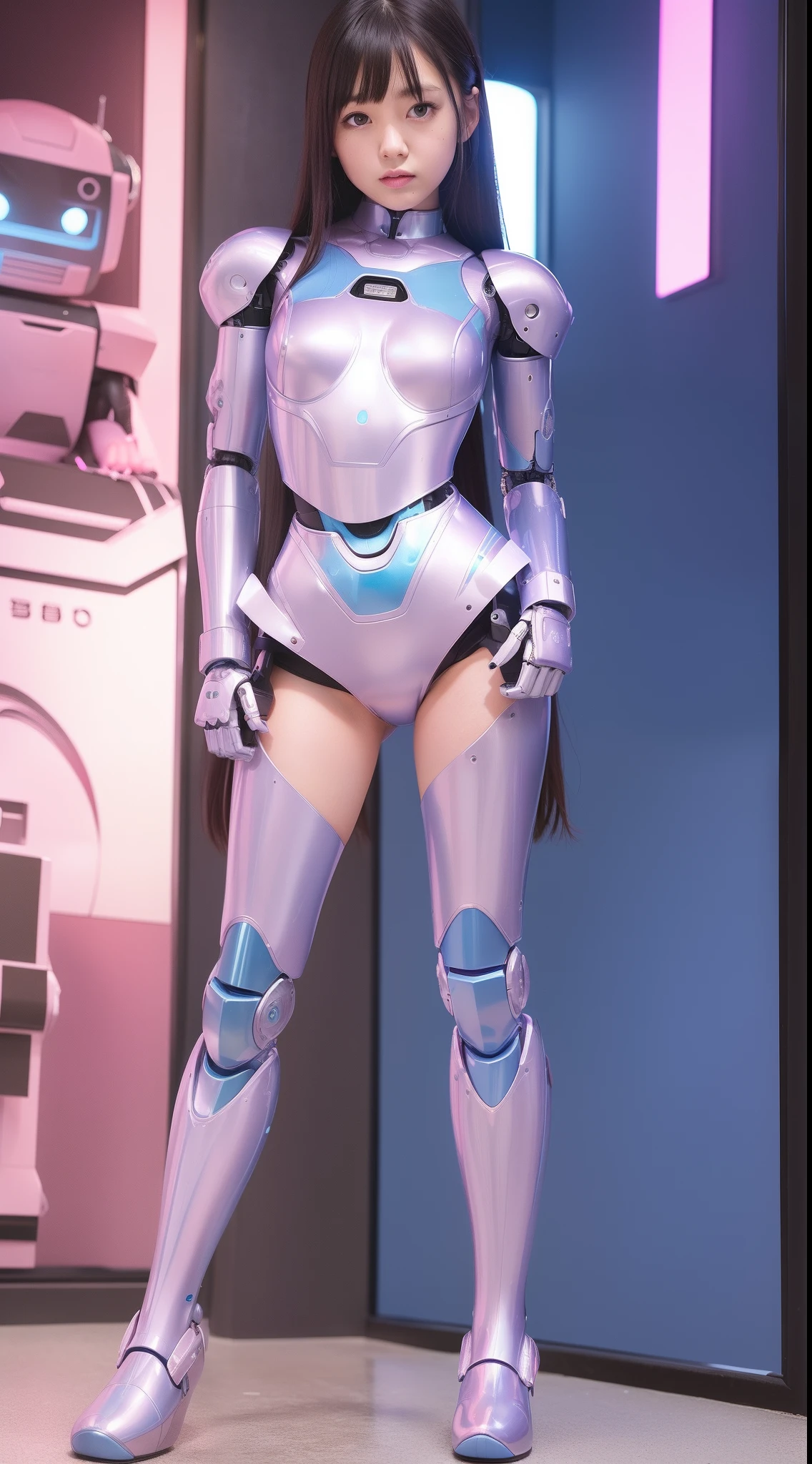(Photorealsitic:1.4)、one girl、(top-quality)、(hyperdetailed face)、(Super well-formed face)、((Robot Parts))、(Robot Girl)、(Blue)、(pink there)、(Burgundy)、(metallic)、(full-body)、(sexy  pose)、(Slender body)、(Model body type)、(full body mech)、(mechanical exposure)、(Akihabara)、(is looking at the camera)、(A dark-haired)、(Well-proportioned girl)、(a small face)、(Idol)、(front facing)、(Standing with legs open)、(Hands on hips)、(Photo session)、(Looks sad)、(perfect-robot-girl)