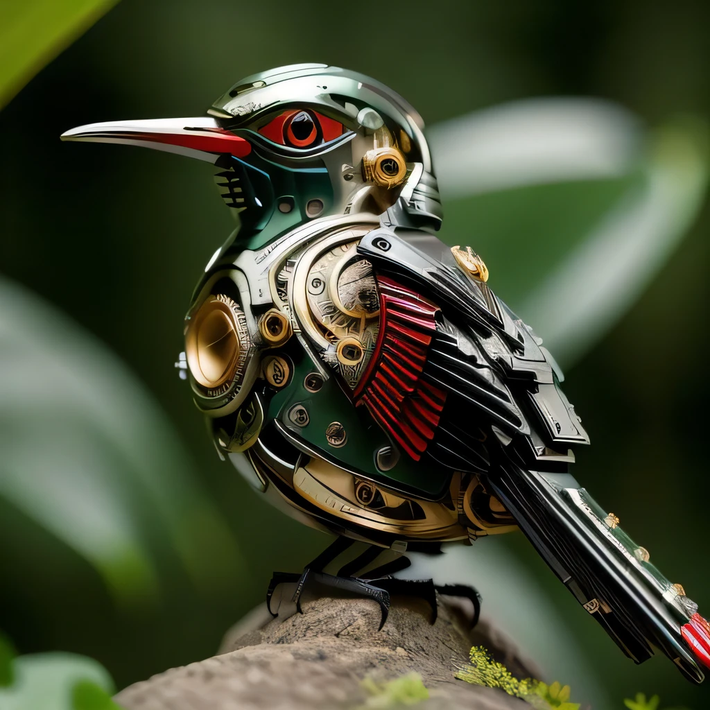 ((masterpiece)), ((best quality)), 8k, high detailed, ultra-detailed, A (black and red:1.3) mechanical bird, looking rightjungle