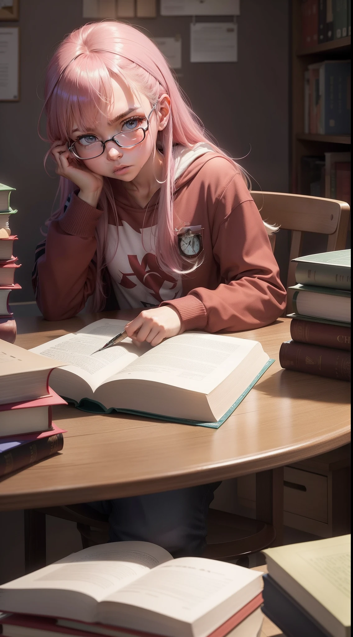 Zero Two estudando para o Enem, Com livros e papelaria ao fundo, mesa, livros estudarem cuidadosamente, my focused expression, and the clock showed that the present time was ten o'clock at night