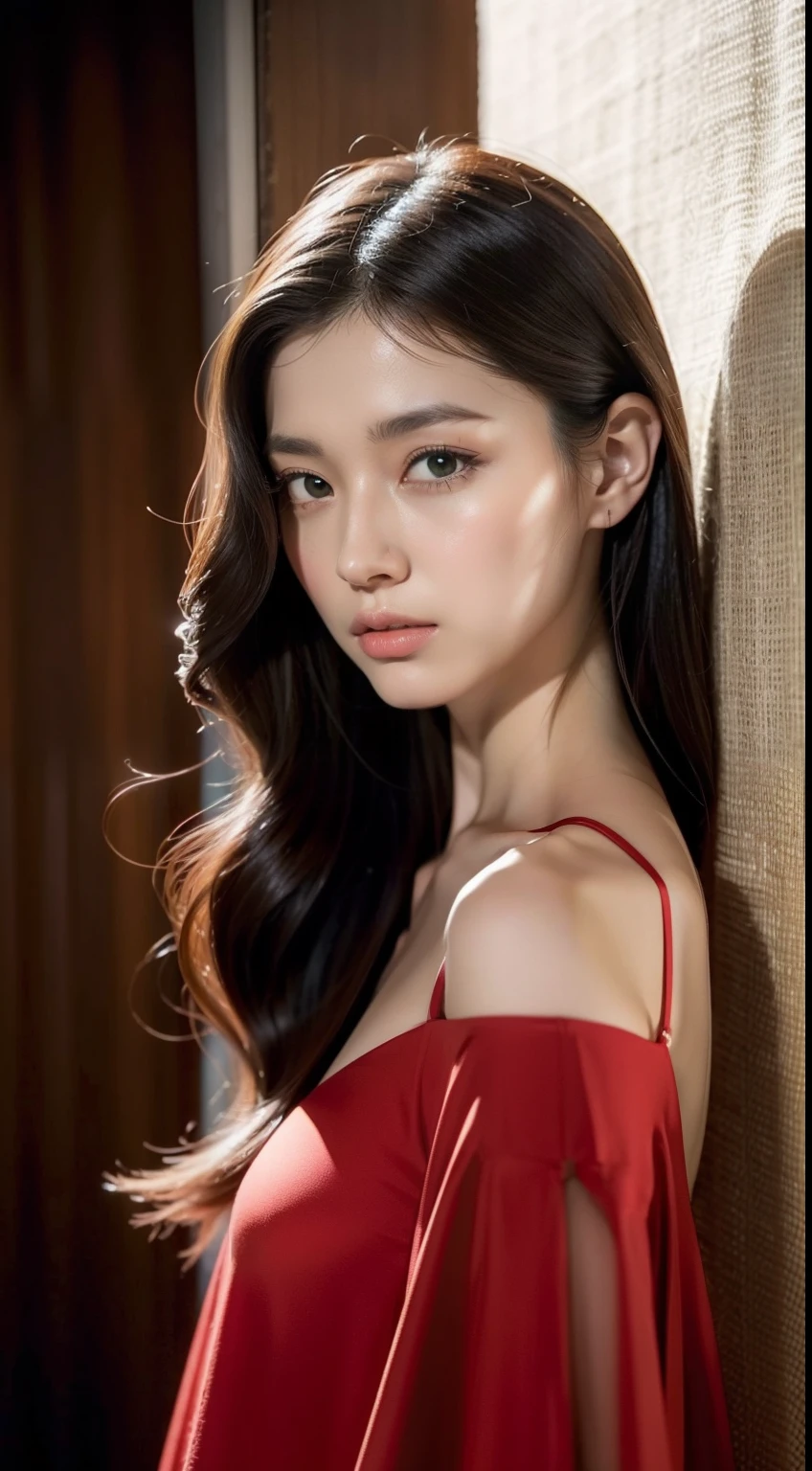 (8K分辨率,Avatar photo),(1womanl,27years old,((heart - shaped face,Wide top and narrow bottom,The forehead is wide and full,with a pointed chin,The eye shape is round and full,Small open fan double eyelids,The lying silkworm is full,The tail of the eyes rose slightly,Thin upper lip,The lower lip is plump,s delicate face,详细的脸),Long shoulder-length hair,Roll inward),Fair smooth skin,(Best Skin Type:1.21),(Off-the-shoulder fashion dress,Luxurious necklaces,Ultra-fine clothing material),(beachside,Deep view),(Professional lighting),((The color is uniform,(red colour,green color))),(Golden section,Cinema lenses,Hasselblad photograp,tmasterpiece:1.3),(Delicate and cute,Full of charm,Heroic,fashion art,trendsetting,Artis,Art platform)