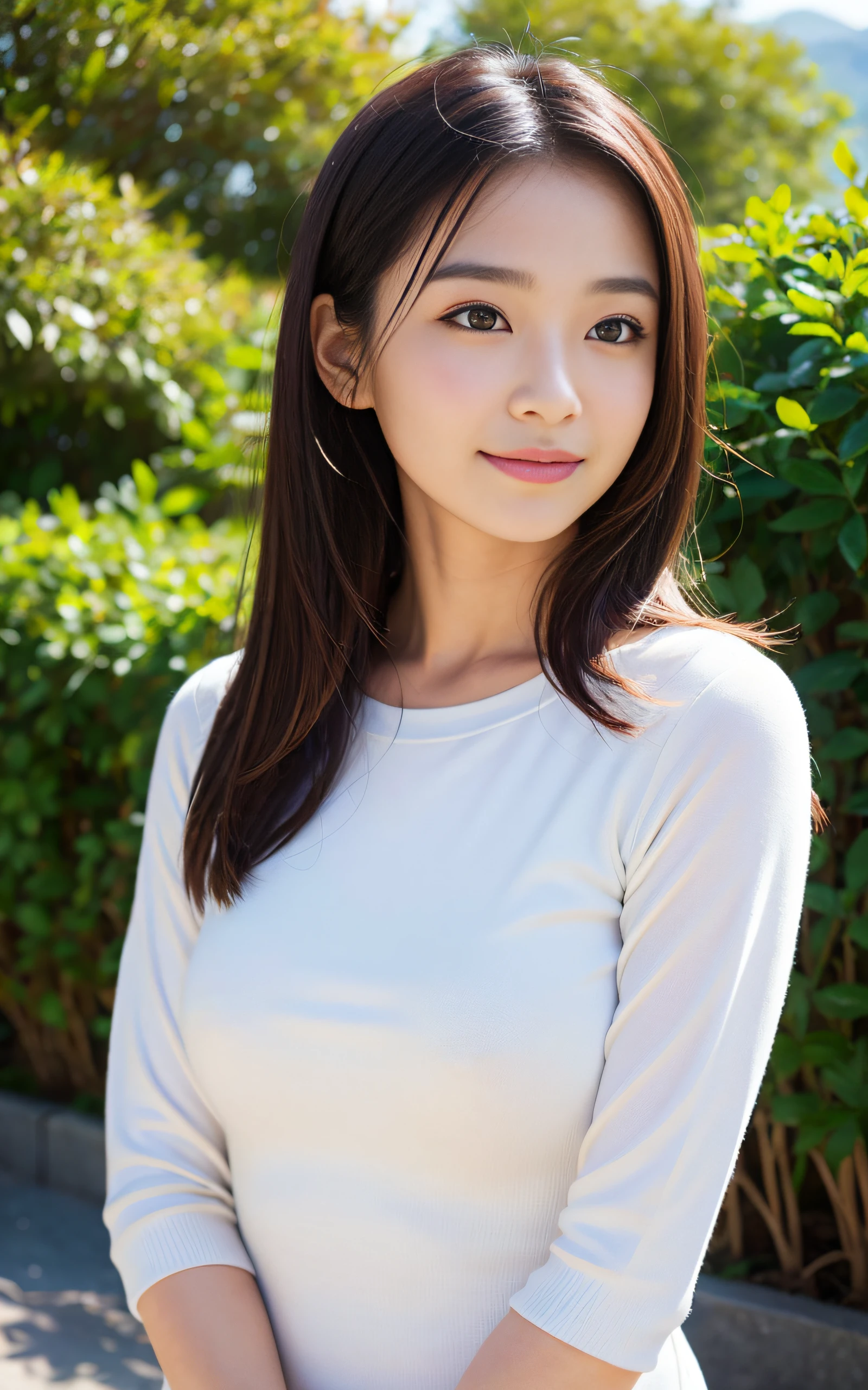 ((Best Quality, 8K, masutepiece: 1.3)), (Sharp Focus: 1.2), 1 girl, Face shot, close-up, Neat and clean beauty, 20 years old, Japanese, Looking away, Classy and elegant, Slightly open mouth, Cute, Shy, A pretty girl with perfect figure, ((Medium hair swaying in the wind)), shyly smile, Highly detailed face and skin texture, Detailed eyes, Lush valley dotted with grazing sheep