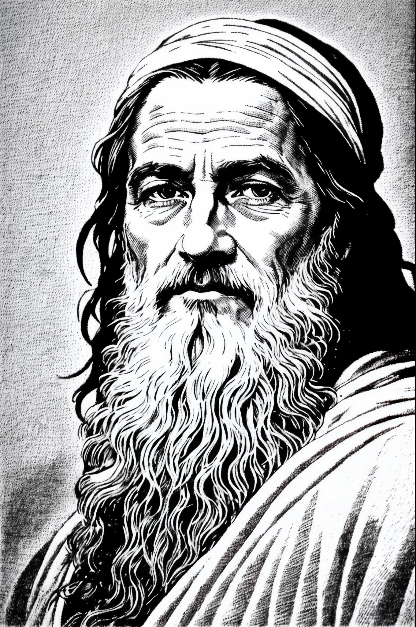 A portrait of prophet Moses, close-up shot, pencil_(artwork) etching, crosshatching, rough sketch, soft light and shadow, monochrome, white background, b&w illustration, in the style of Dave Malan, realistic lithography sketch, old paper texture, highly detailed