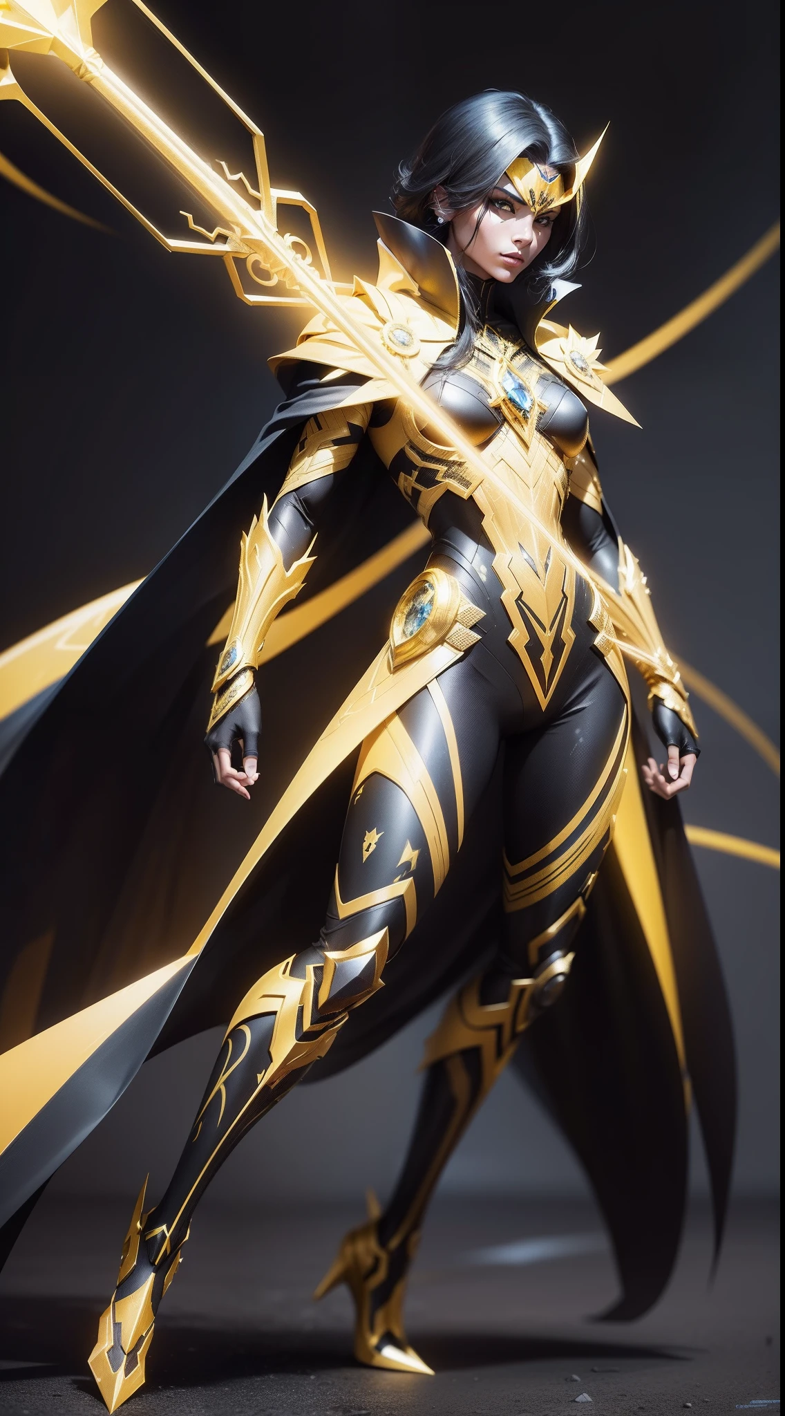 Quantum Scepter:
Create an NFT of a superhero wearing a yellow and black suit that features a technological scepter with intricate details. The metallic colors and futuristic patterns should highlight the advanced nature of this character.