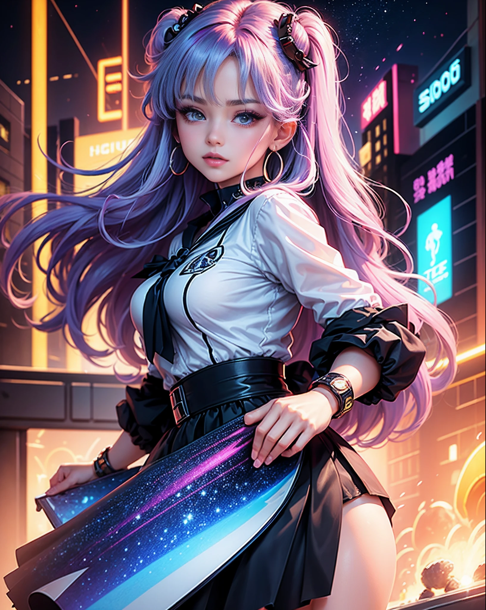 On the edge of a bustling, futuristic metropolis, where holographic billboards light up the night sky, a masterful and ultra-realistic candid portrait of a sailor girl dressed in a school uniform reminiscent of the 80s anime art style takes shape. Her unique charm is accentuated by a delicate chain around her waist, catching the vivid colors of the holographic displays. She possesses breathtakingly gorgeous tresses that cascade with a timeless elegance, shimmering in harmony with the neon cityscape. Her mesmerizing eyes hold the essence of nostalgia, capturing the essence of retro anime. Every facial feature is rendered with an exceptional level of detail, evoking the clarity and precision of classic 80s anime art. In this portrait, she embodies the spirit of the Sailor Moon style, making it an exquisite homage to the beloved era of retro anime. Photo taken by Eliot Lee with a Nikon Z6 and a prime 85mm lens. Award Winning Photography style, Fine Art, 8K, Ultra-HD, Super-Resolution. --v 5 --q 2