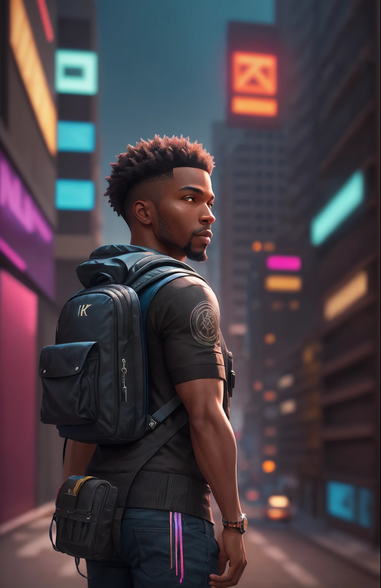 a black man standing on a street with a backpack looking at an African cyberpunk city with African designed infrastructure and buildings,with iridescent light, highly detailed images, vibrant beautiful colours, photorealistic image, 8k, ultra HD, unreal engine rendered, cinematic lighting, artgerm style, --auto --s2