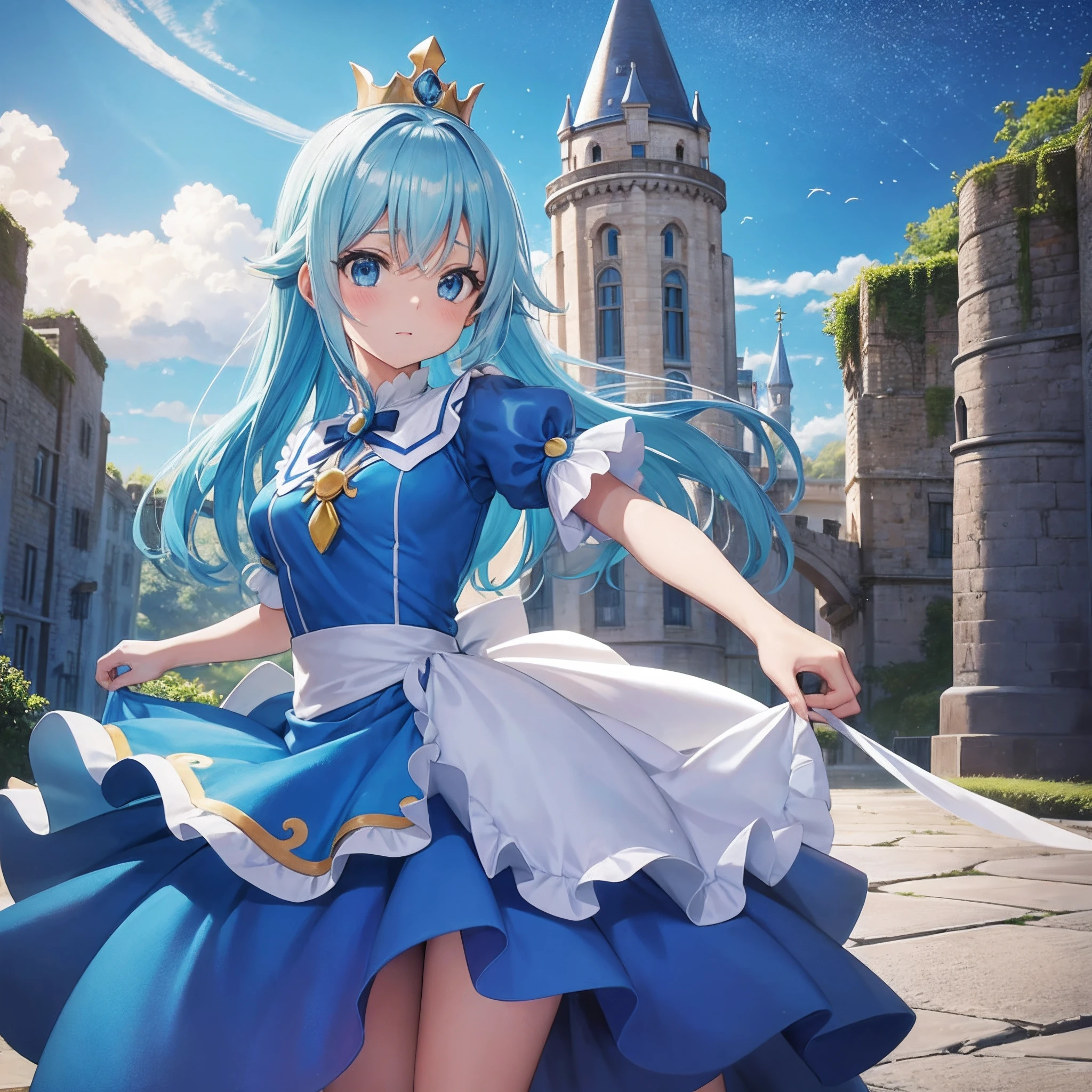 obra-prima, melhor qualidade, princesa_aqua_konosuba, vestido azul, olhos azuis, cabelo azul, standingn, (castelo: 1.1), segurando saia, starly sky, de noite, brazil