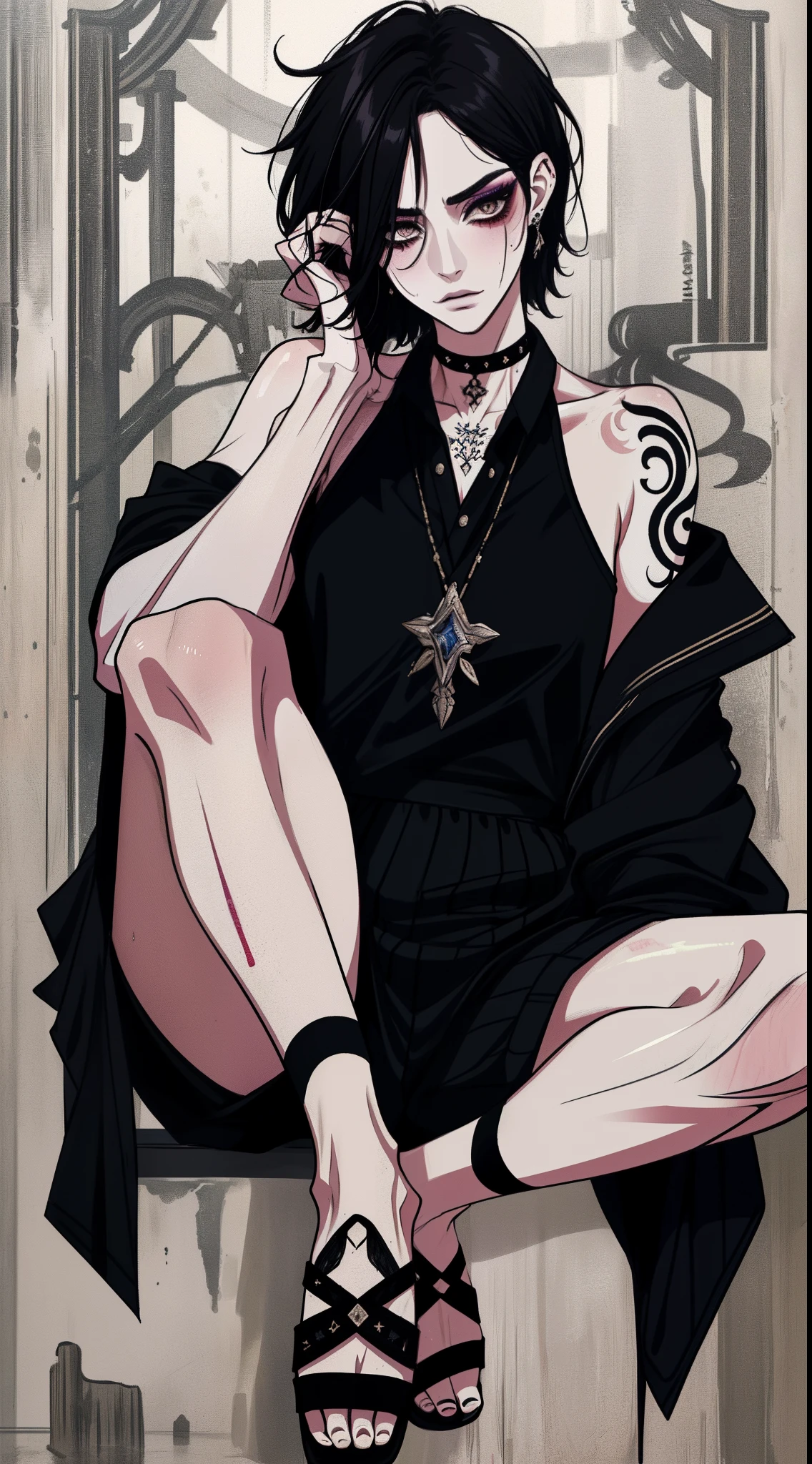 (((Mature and intellectual beauty 1.2))),(((Big heavy makeup 1.2))),Smoky makeup,Dark eyeshadow,choker necklace,耳Nipple Ring,Tattooed with,(((Black uniform 1.2))),(((Sandals 1.2))),Wearing sweat,sweat profusely,Socks soaked with sweat,(((Dirty and sweaty1.2))),Full-body art,super detail, UHD, masterpiece, ccurate, textured skin, super detail, high details, high quality, award winning, best quality, highres, 1080P