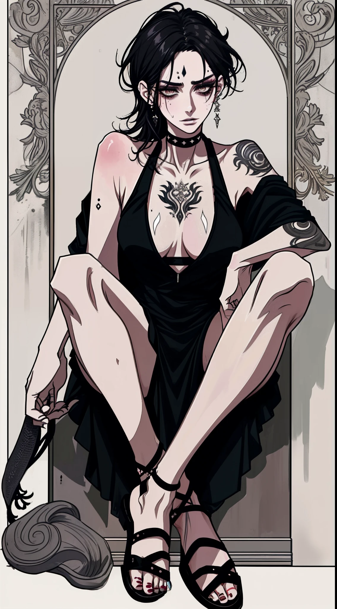 (((Mature and intellectual beauty 1.2)))，（（（Big heavy makeup 1.2））），Smoky makeup，Dark eyeshadow，choker necklace，耳Nipple Ring，Tattooed with，（（（Black uniform 1.2））），（（（Sandals 1.2））），Wearing sweat，sweat profusely，Socks soaked with sweat，（（（Dirty and sweaty1.2））），Full-body art，super detail, UHD, masterpiece, ccurate, textured skin, super detail, high details, high quality, award winning, best quality, highres, 1080P