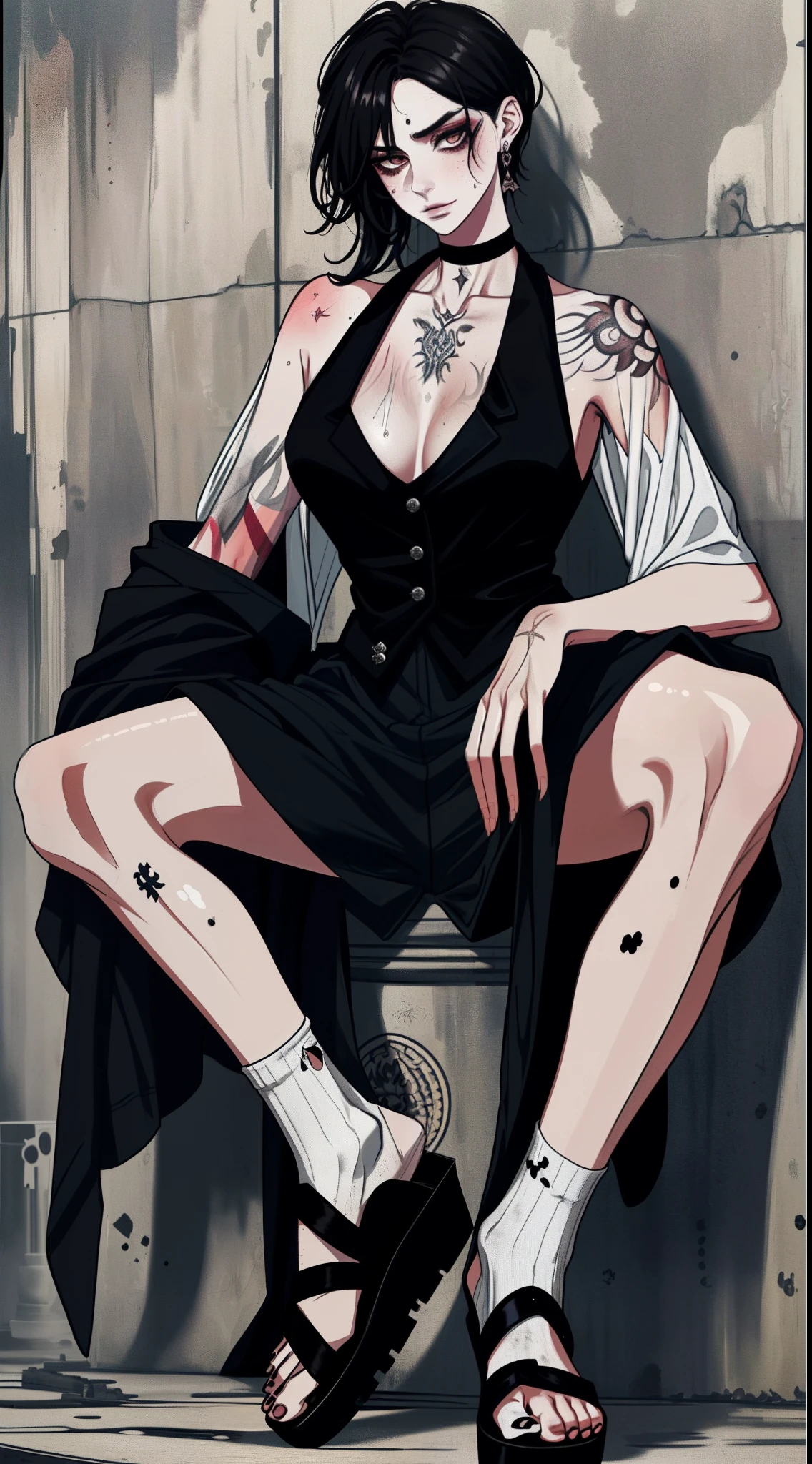 (((Mature and intellectual beauty 1.2))),(((Big heavy makeup 1.2))),Smoky makeup,Dark eyeshadow,choker necklace,耳Nipple Ring,Tattooed with,(((Black uniform 1.2))),(((Sandals 1.2))),Wearing sweat,sweat profusely,Socks soaked with sweat,(((Dirty and sweaty1.2))),Full-body art,super detail, UHD, masterpiece, ccurate, textured skin, super detail, high details, high quality, award winning, best quality, highres, 1080P