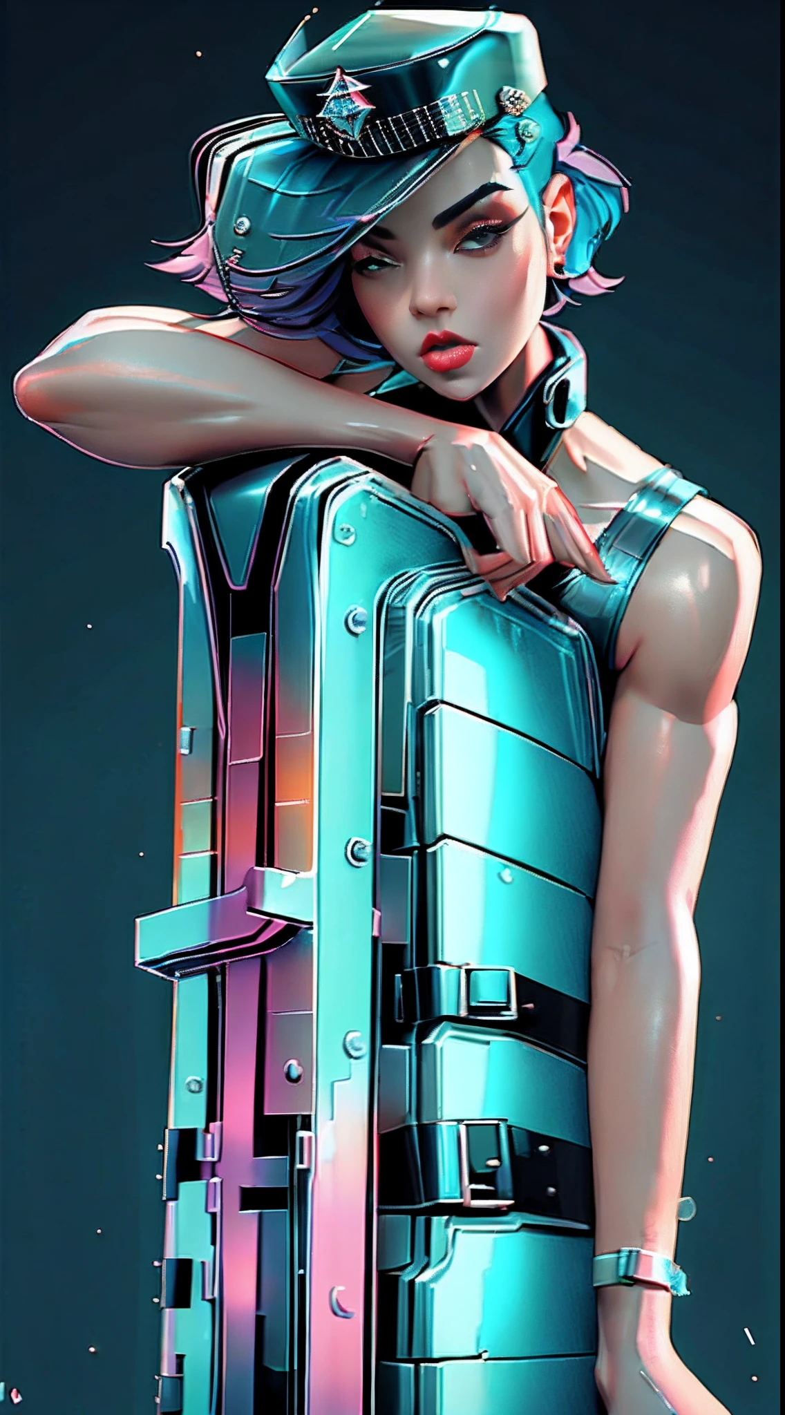 Beautiful woman 1female with punk hair style in a police cap, Short police clothes in the style of cyberpunk police, Tanned:2 Skin, It looks contrasting, good anatomy, Muscles are drawn, sitting in futurasric bike,The evening sky is overcast, in the background ((nighttime)) Colorful Neon City, wet asphalt