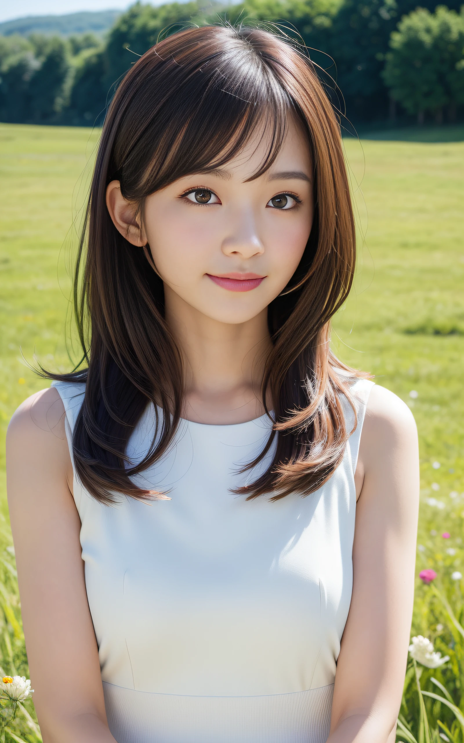((Best Quality, 8K, masutepiece: 1.3)), (Sharp Focus: 1.2), 1 girl, Face shot, close-up, Neat and clean beauty, 20 years old, Japanese, Looking away, Classy and elegant, Slightly open mouth, Cute, Shy, A pretty girl with perfect figure, ((Medium hair swaying in the wind)), shyly smile, Highly detailed face and skin texture, Detailed eyes, Enchanting meadow with wildflowers
