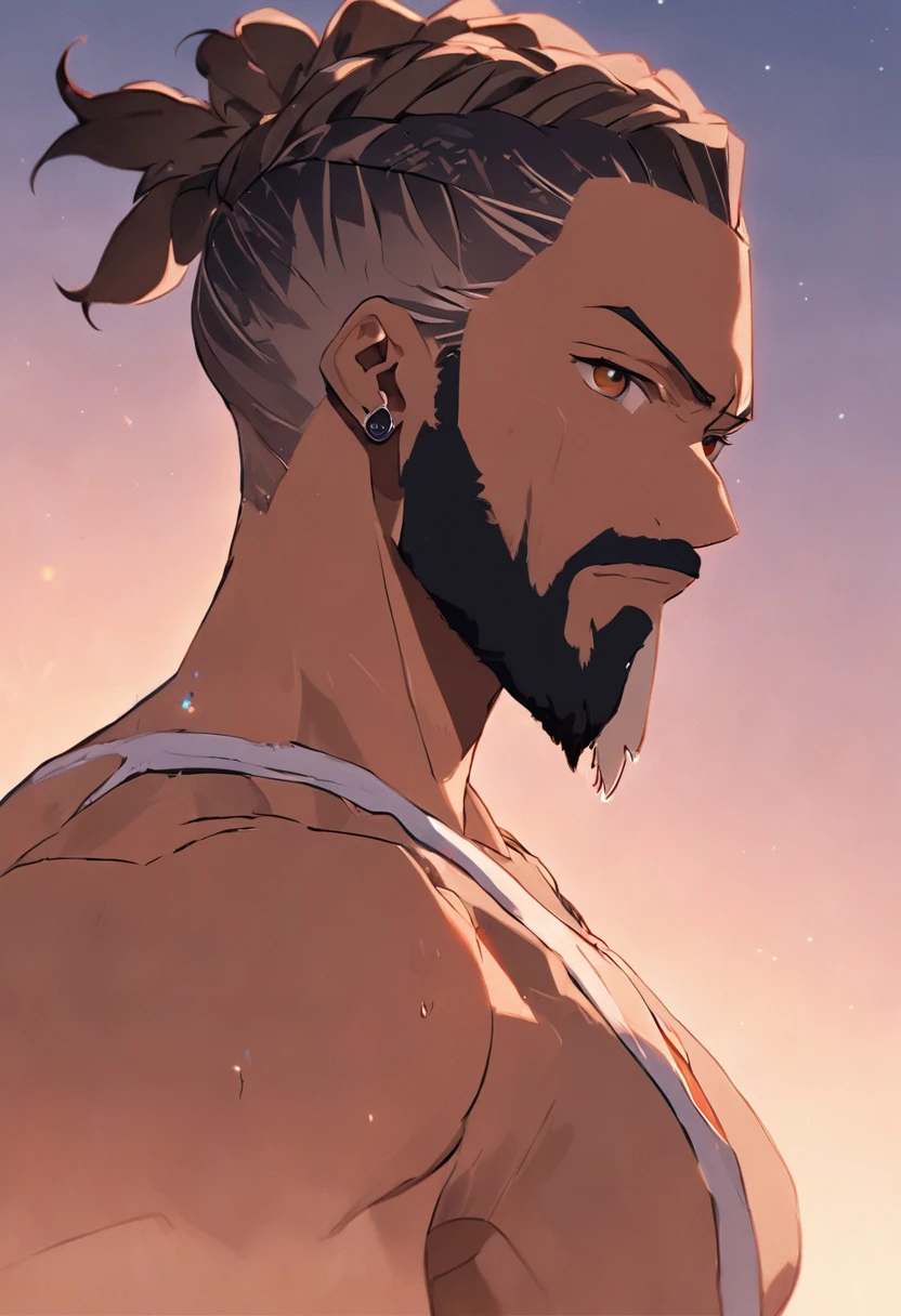 Homem com regata branca, com barba, arte de anime, visual principal de anime de Snoop Dogg, rosto perfeito finamente detalhado, super high quality art, olhar direcionado, There's a man with a beard and a white tank top, Cornrows, retrato centrado no perfil lateral, barba, foto de perfil headshot, com cabelo e pele texturizados, a black man with braided hair, retrato de perfil lateral, cartoon