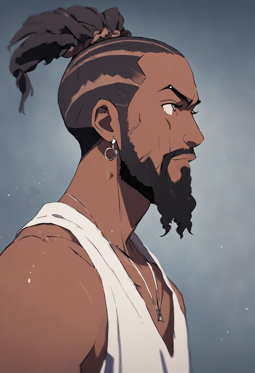 Homem com regata branca, com barba, arte de anime, visual principal de anime de Snoop Dogg, rosto perfeito finamente detalhado, super high quality art, olhar direcionado, There's a man with a beard and a white tank top, Cornrows, retrato centrado no perfil lateral, barba, foto de perfil headshot, com cabelo e pele texturizados, a black man with braided hair, retrato de perfil lateral, cartoon