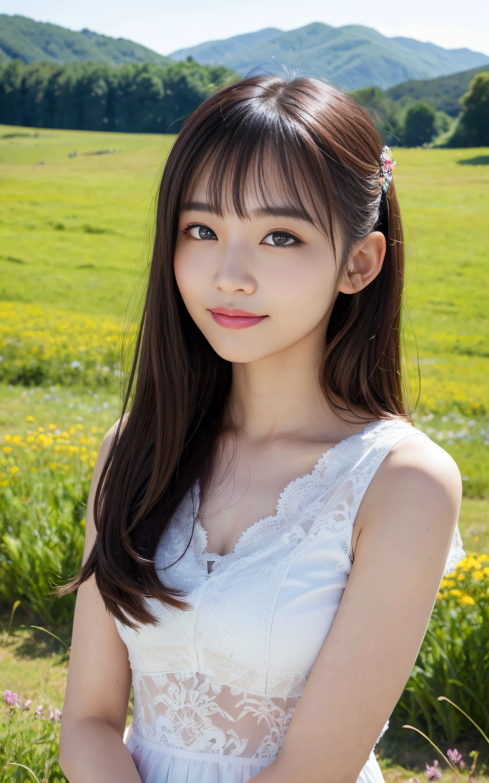 ((Best Quality, 8K, masutepiece: 1.3)), (Sharp Focus: 1.2), 1 girl, Face shot, close-up, Neat and clean beauty, 20 years old, Japanese, Looking away, Classy and elegant, Slightly open mouth, Cute, Shy, A pretty girl with perfect figure, ((Medium hair swaying in the wind)), shyly smile, Highly detailed face and skin texture, Detailed eyes, Enchanting meadow with wildflowers